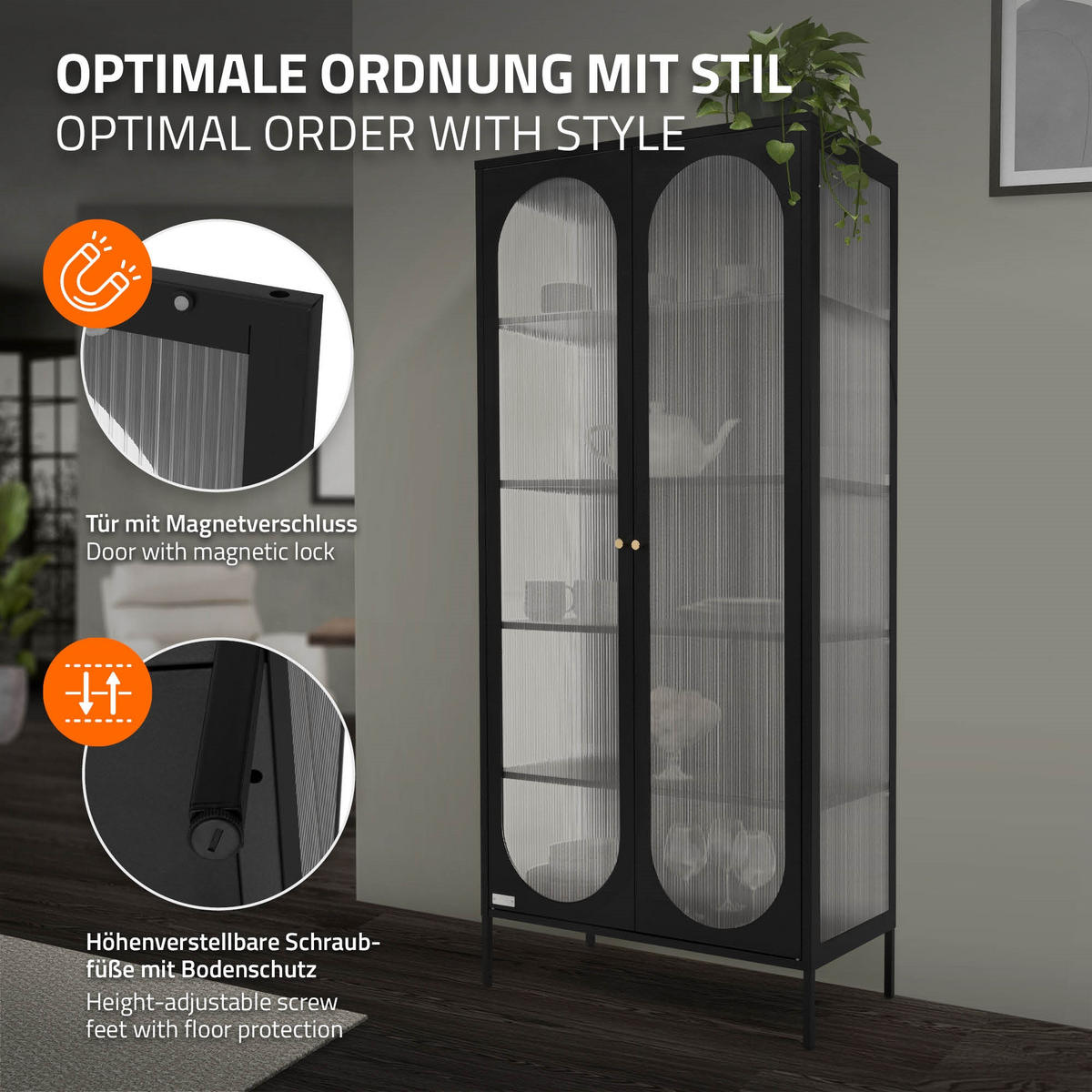 VITRINENSCHRANK Schwarz 175/80/40 cm - Schwarz, Metall (80/175/40cm) - ML-DESIGN