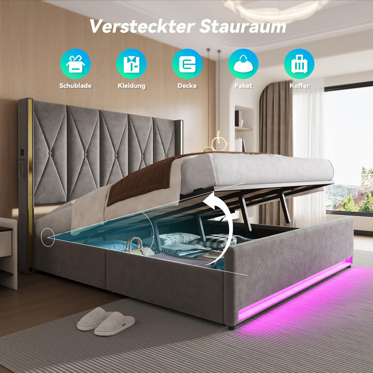 POLSTERBETT 180/200 cm in Dunkelgrau mit Bettkasten, Seitentaschen, LED und USB/Type-C Samt - Dunkelgrau, Holzwerkstoff/Textil (180/200cm) - STILVORA