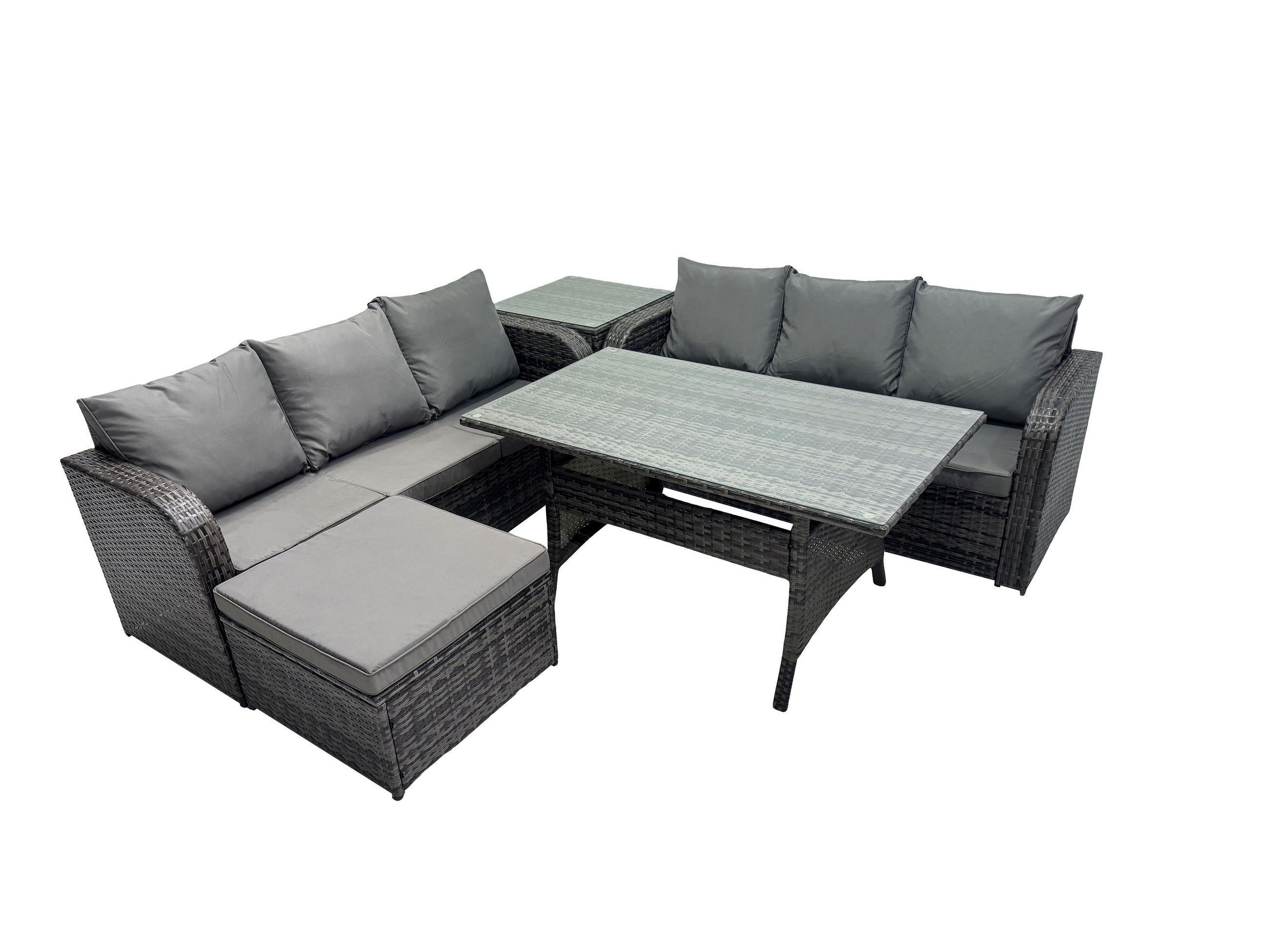 GARTENTISCHGRUPPE mit Beistelltisch,Hocker Polyrattan Dunkelgrau 7-Sitzer - Dunkelgrau/Grau, Glas/Kunststoff - Fimous