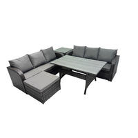 GARTENTISCHGRUPPE mit Beistelltisch,Hocker Polyrattan Dunkelgrau 7-Sitzer - Dunkelgrau/Grau, Glas/Kunststoff - Fimous