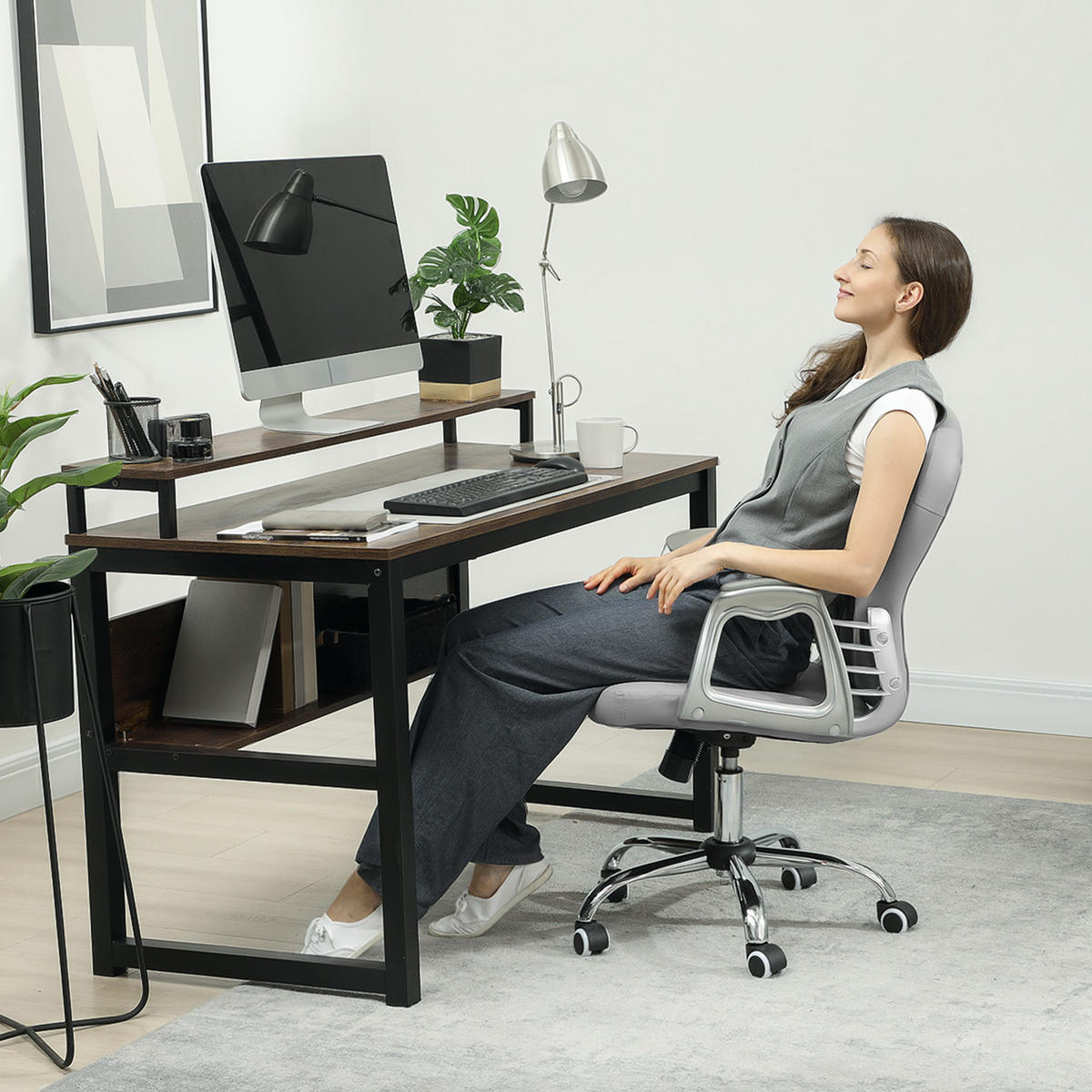 BÜROSTUHL, Ergonomisch Schreibtischstuhl mit Armlehne, Gepolsterter Rückenlehne - Hellgrau, Kunststoff (60.5/103/59.5cm) - Vinsetto