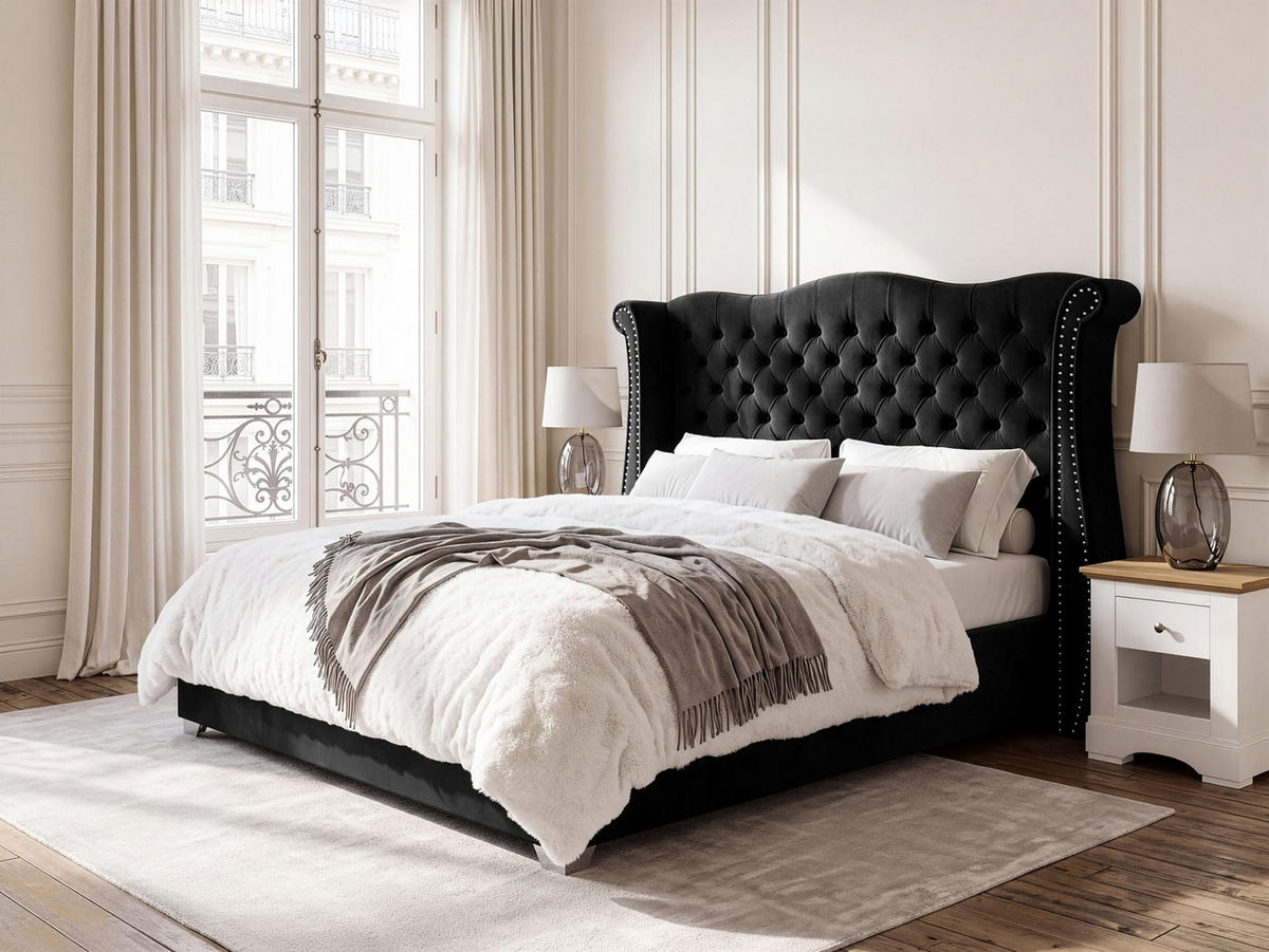 POLSTERBETT 180/200 cm Schwarz Ayette - Schwarz, Textil (180/200cm) - Beliani