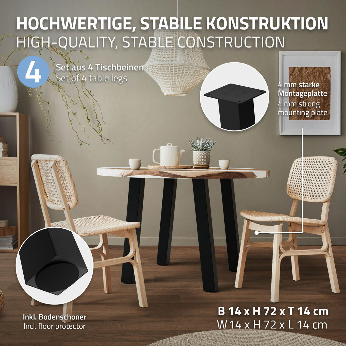 TISCHBEINE 4er Set I-96GRAD-Design H:72 cm Schwarz 8x8 cm - Schwarz, Metall (8/72/8cm) - ML-DESIGN