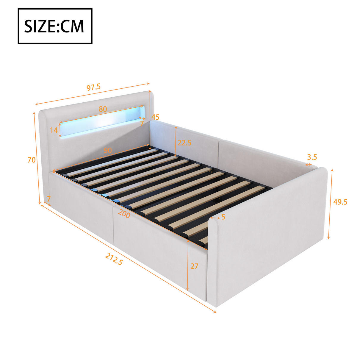 KINDER-POLSTERBETT aus Samt 90x200 cm Beige mit LED, USB-Anschluss und hydraulischem Bettkasten - Beige, Textil (90/200cm) - IVMEU