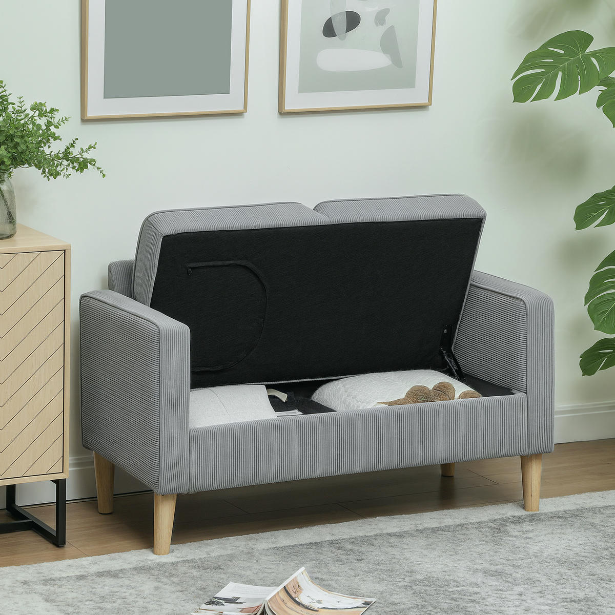 SOFA 2 Sitzer klein Couch mit Armlehne, Stauraum für Wohnzimmer, Hellgrau - Hellgrau/Naturfarben, Holz/Textil (63/79/117cm) - HOMCOM