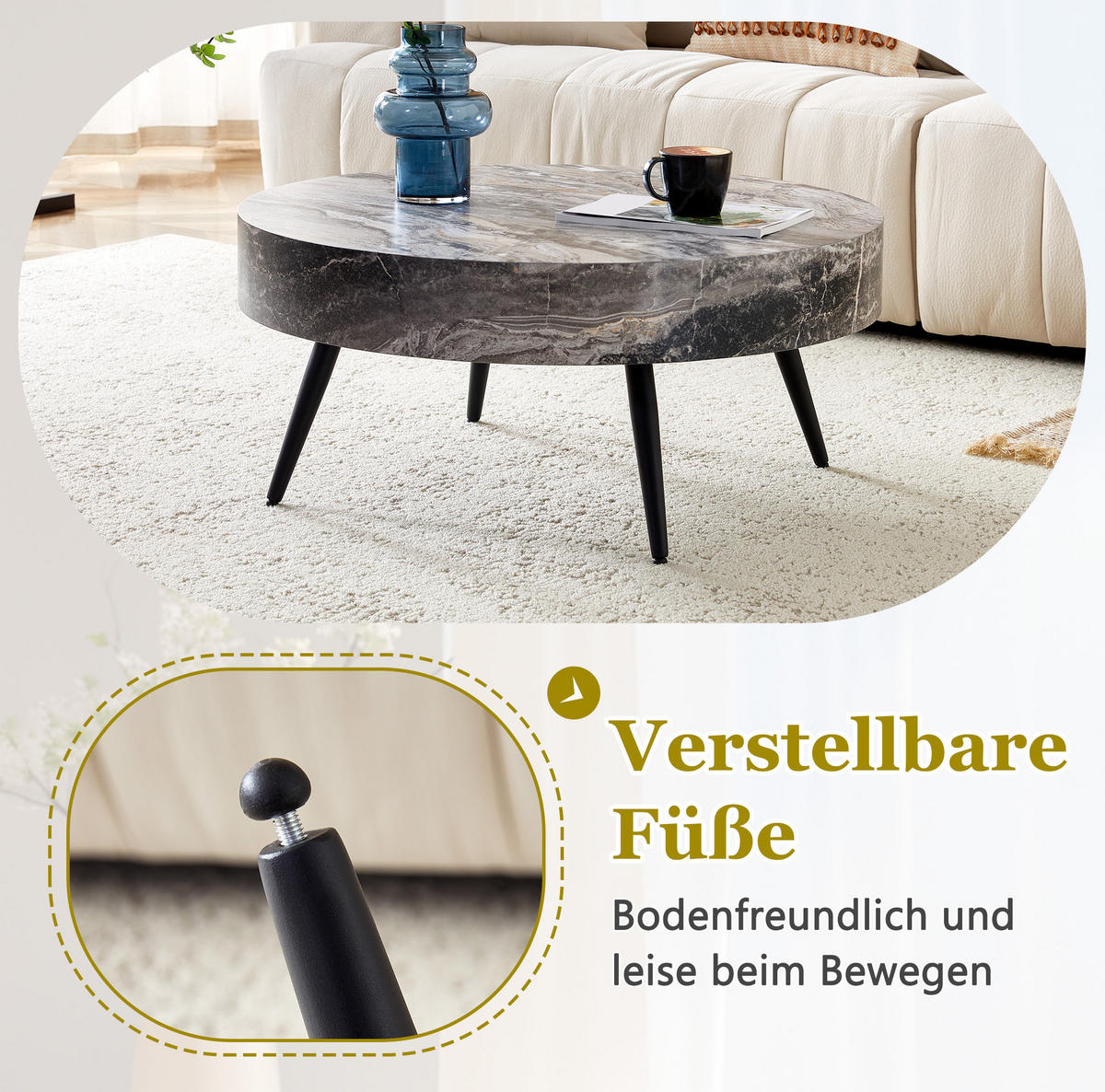 COUCHTISCH 70 cm grau in Marmoroptik mit Metallgestell - Schwarz, Holzwerkstoff (70/70/35.5cm) - Flora Grace