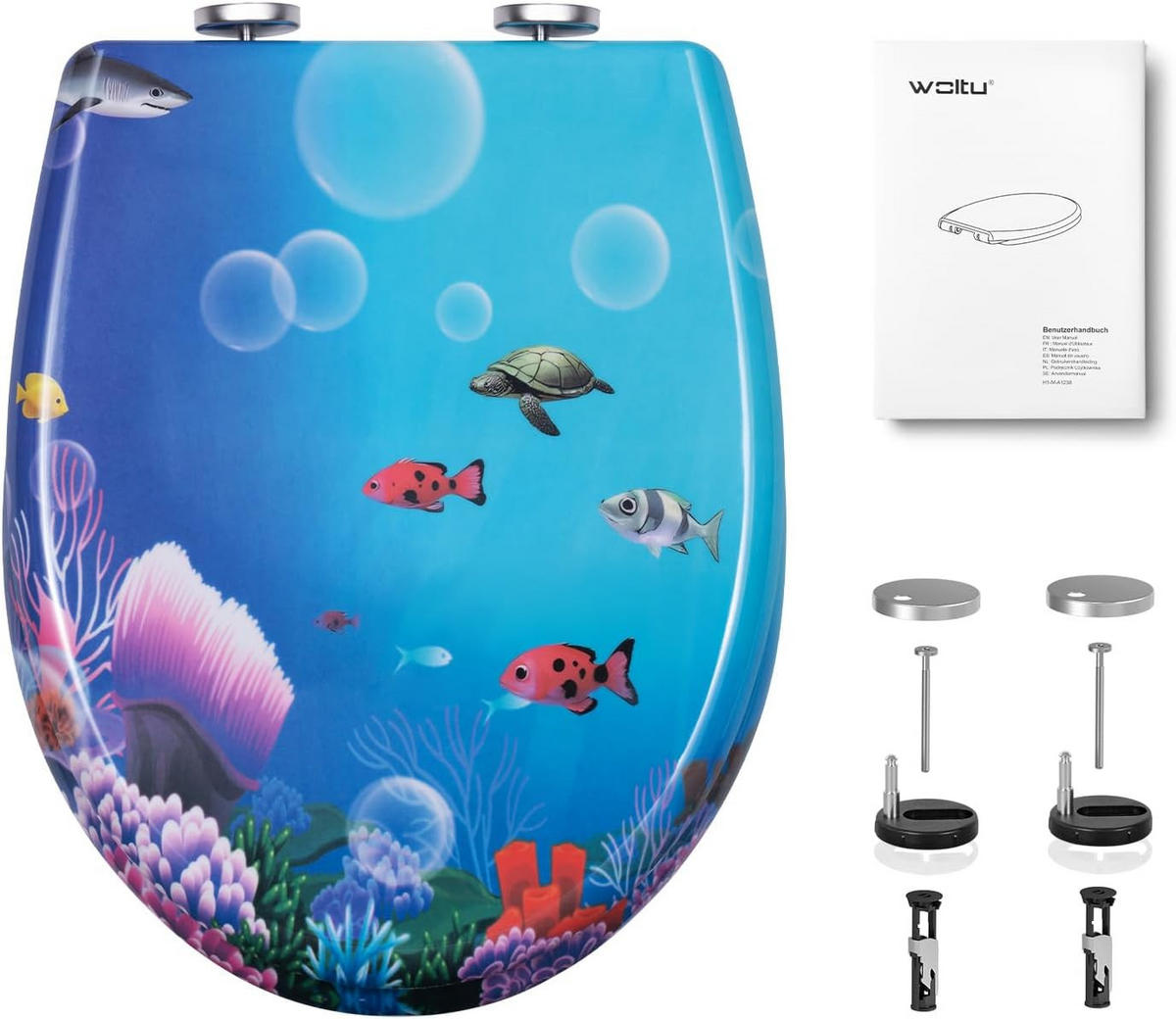 WC SITZ mit Absenkautomatik, Duroplast, Fische Oval - Blau/Weiß, Kunststoff (37/2.51/45cm) - Woltu