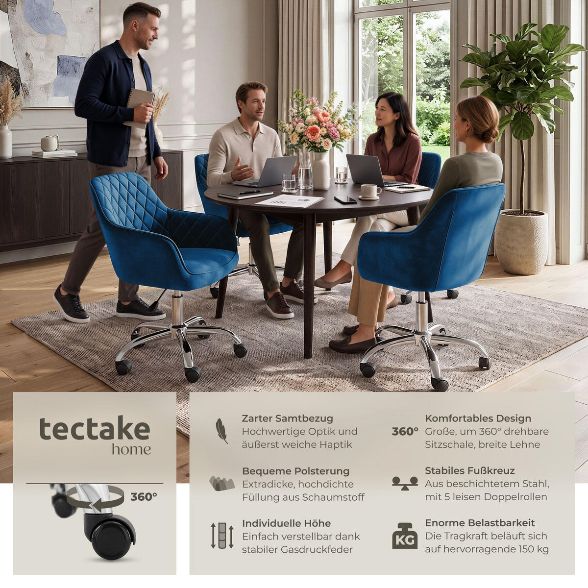 DREHSTUHL Nancy, 57 x 60 x 82 – 91 cm, Belastbarkeit 150 kg, blau - Blau, Kunststoff (57/91/60cm) - tectake