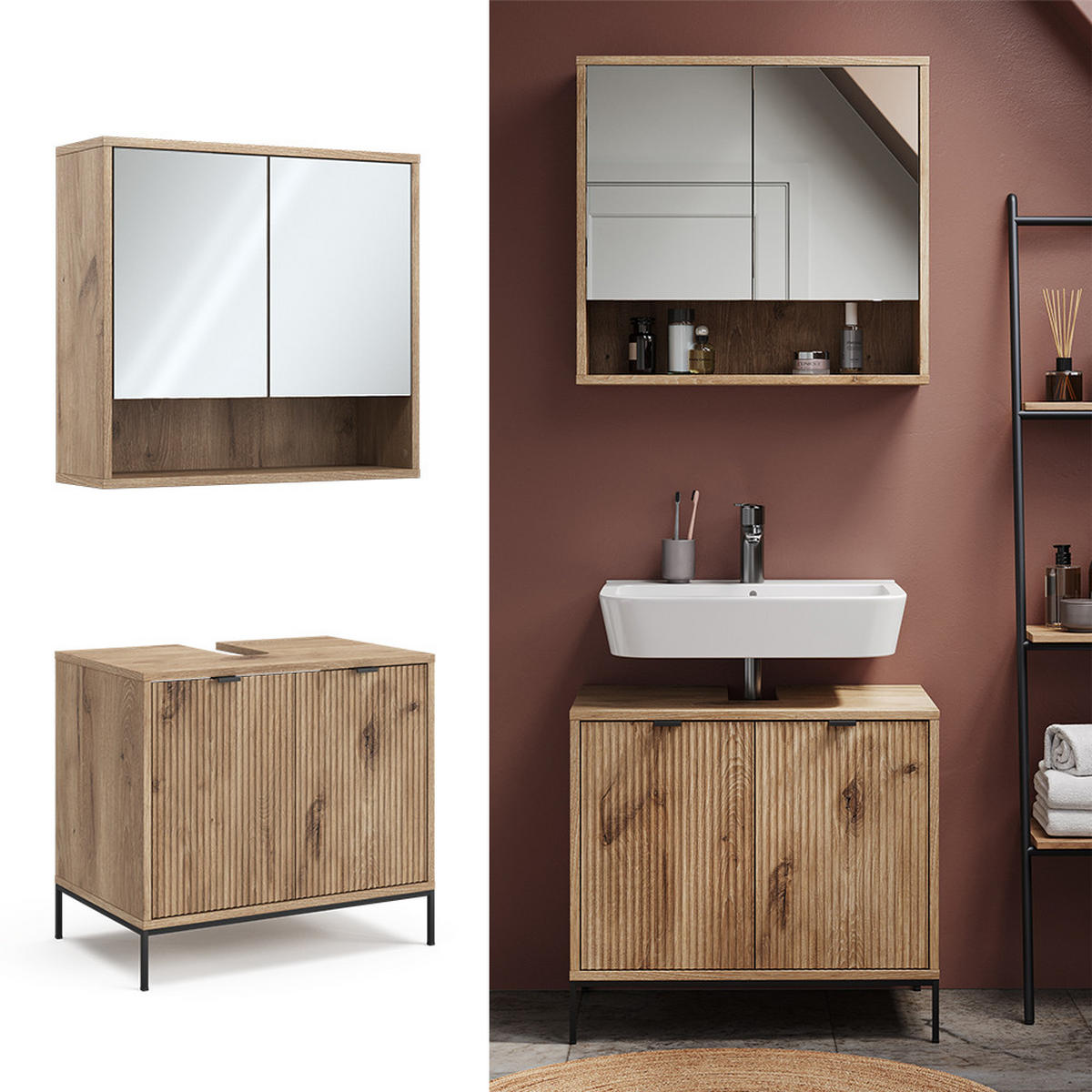 BADMÖBEL-SET Eliza Viking Oak 2 Teile - Eichefarben, Holzwerkstoff (70/63/45cm) - Vicco