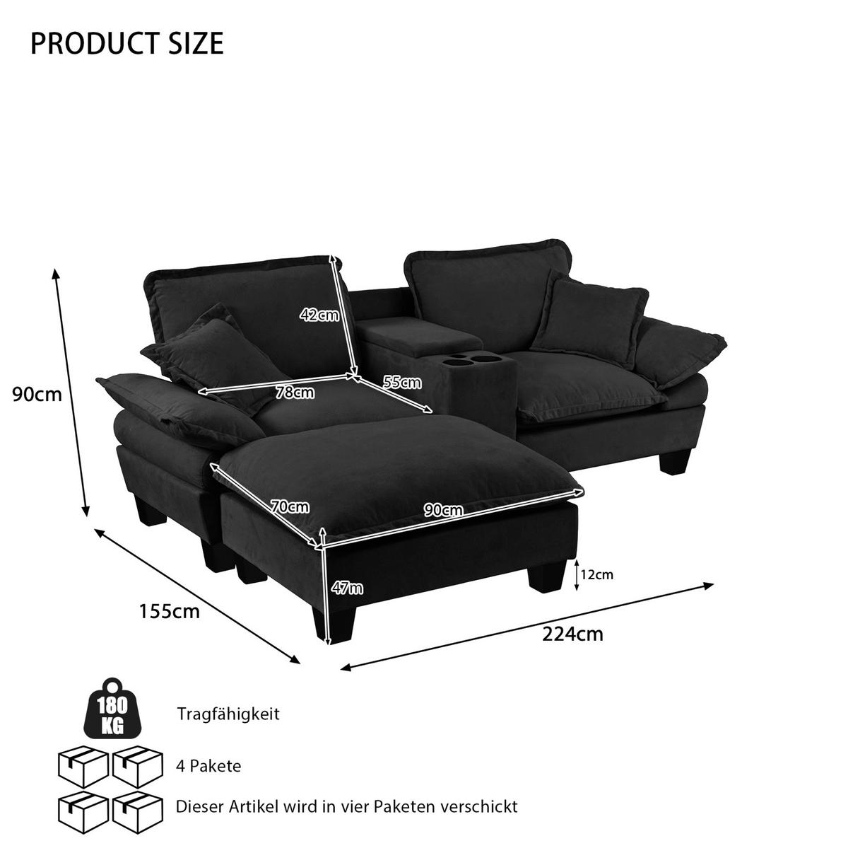ECKSOFA 224/151/90 cm schwarz aus Chenille mit USB und Stauraum - Schwarz, Textil (151/224cm) - OKWISH