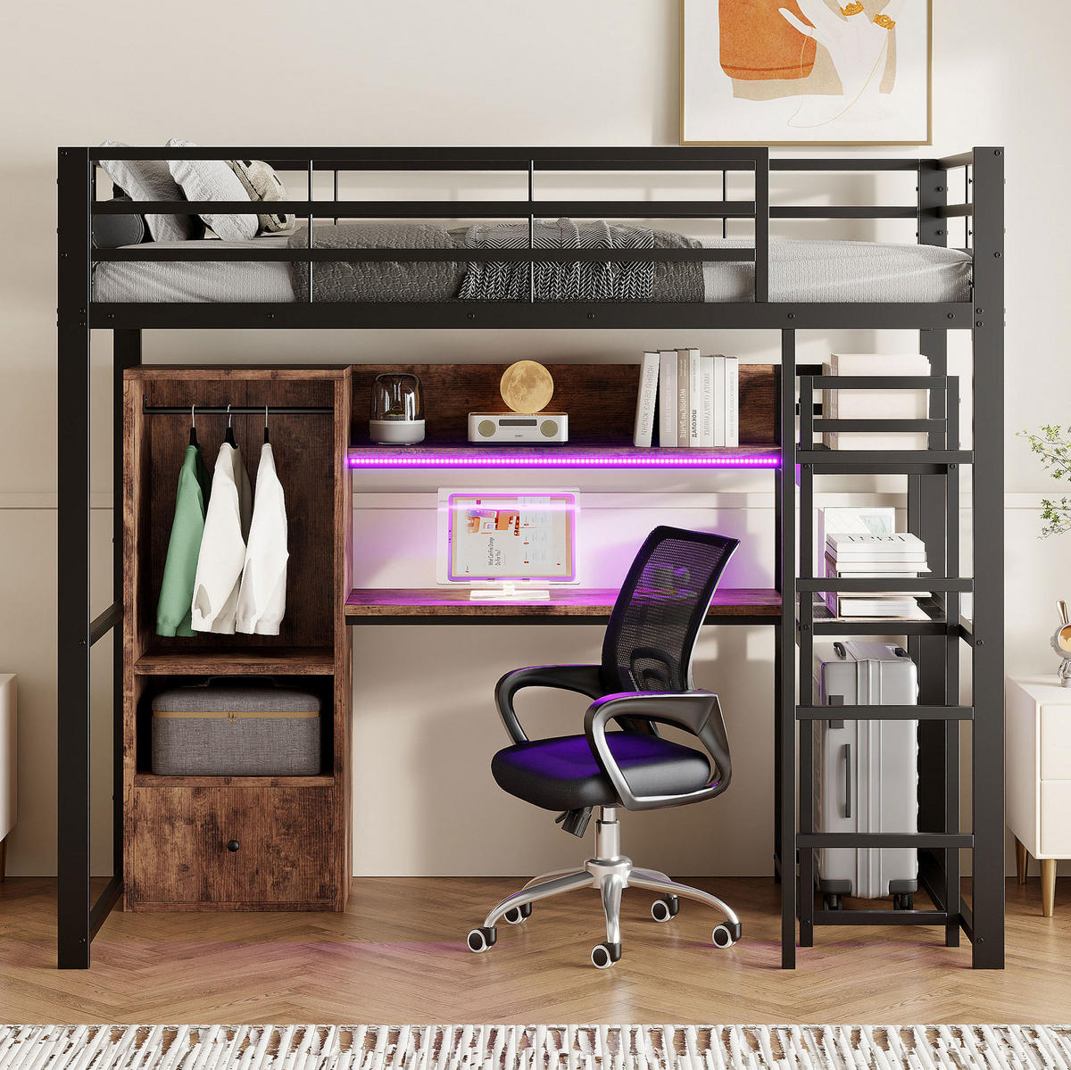 HOCHBETT 90/200 cm schwarz aus Metall/MDF mit Schreibtisch - Schwarz, Holzwerkstoff (90/200cm) - OKWISH