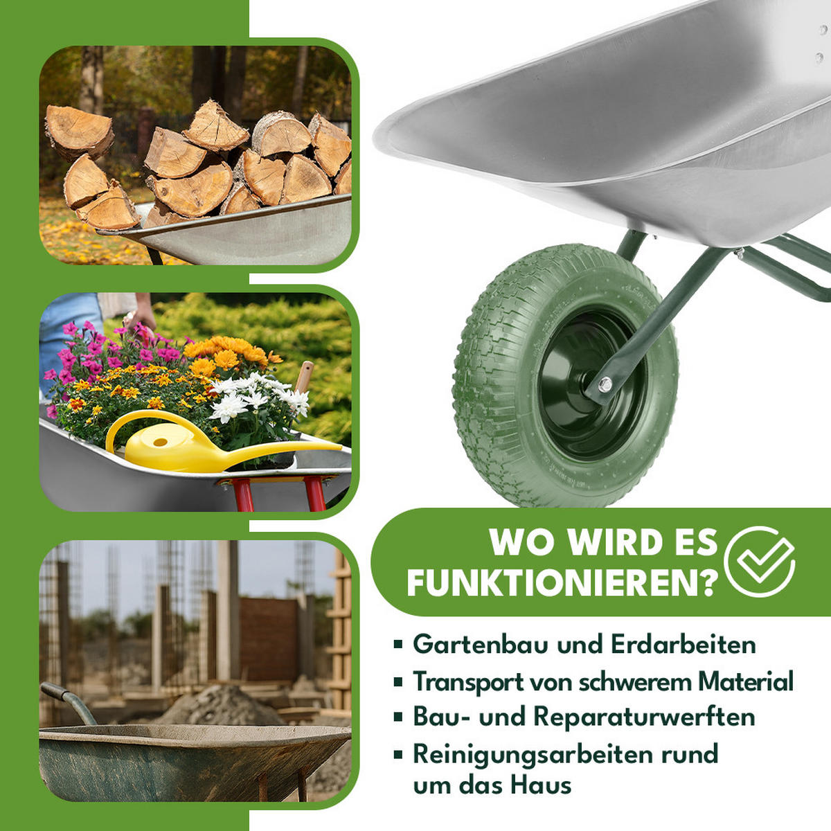 SCHUBKARRENRAD Luftreifen mit Schlauch Grün - Grün, Kunststoff (39/39/9.5cm) - KRUMAD