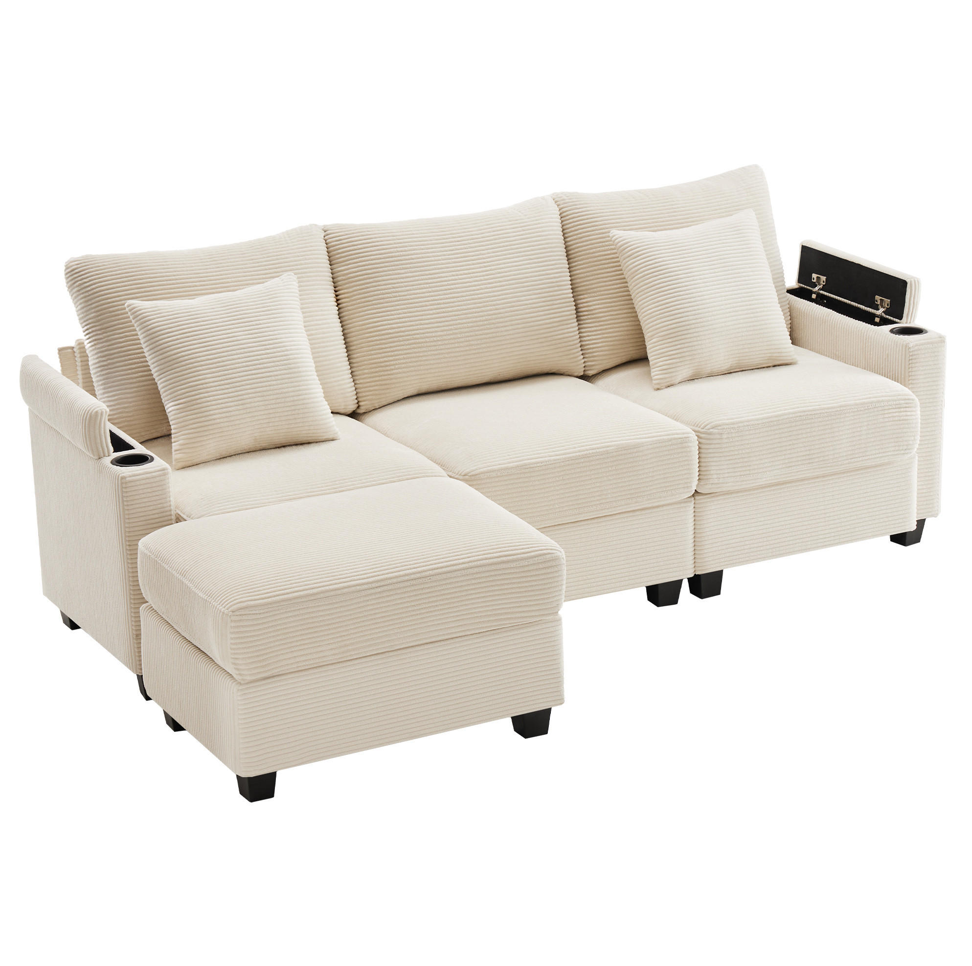 SOFA L-Form 3-Sitzer mit Hocker USB 213,5 x 139 cm Cord Beige - Beige, Textil (213.5/139cm) - IVMEU