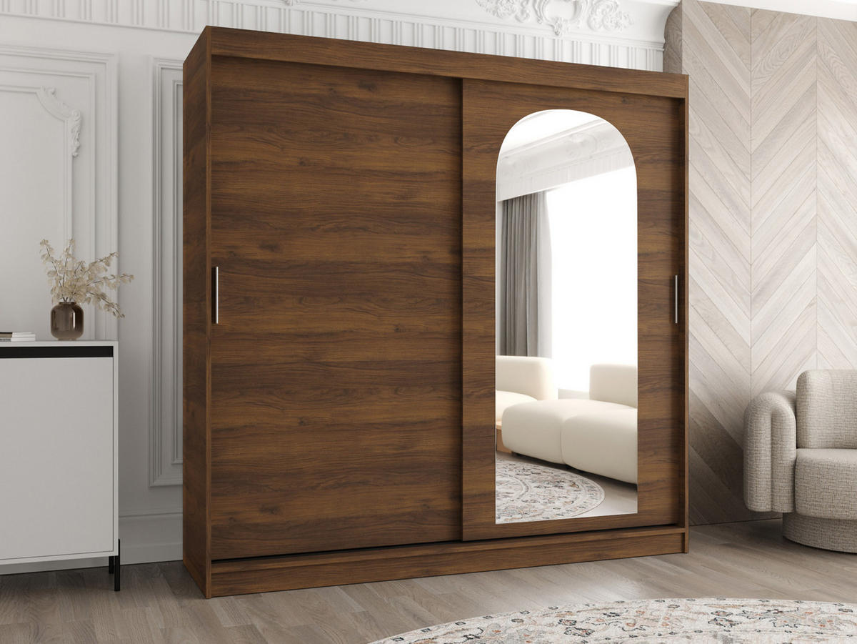 SCHWEBETÜRENSCHRANK Selfie 200 cm mit Schubladen - Silberfarben/Nussbaumfarben, Holzwerkstoff/Kunststoff (200/200/62cm) - MIRJAN24