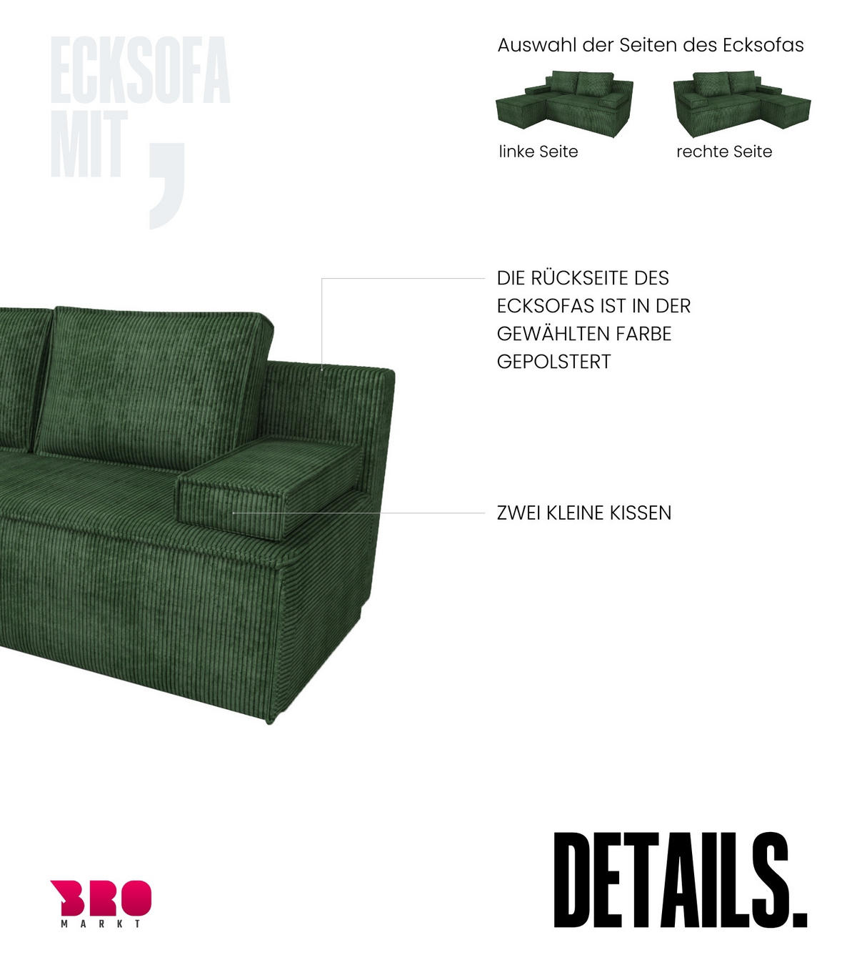 ECKSOFA Caspar mit Schlaffunktion Grün Cord - Grün, Textil (200/141cm) - Bromarkt