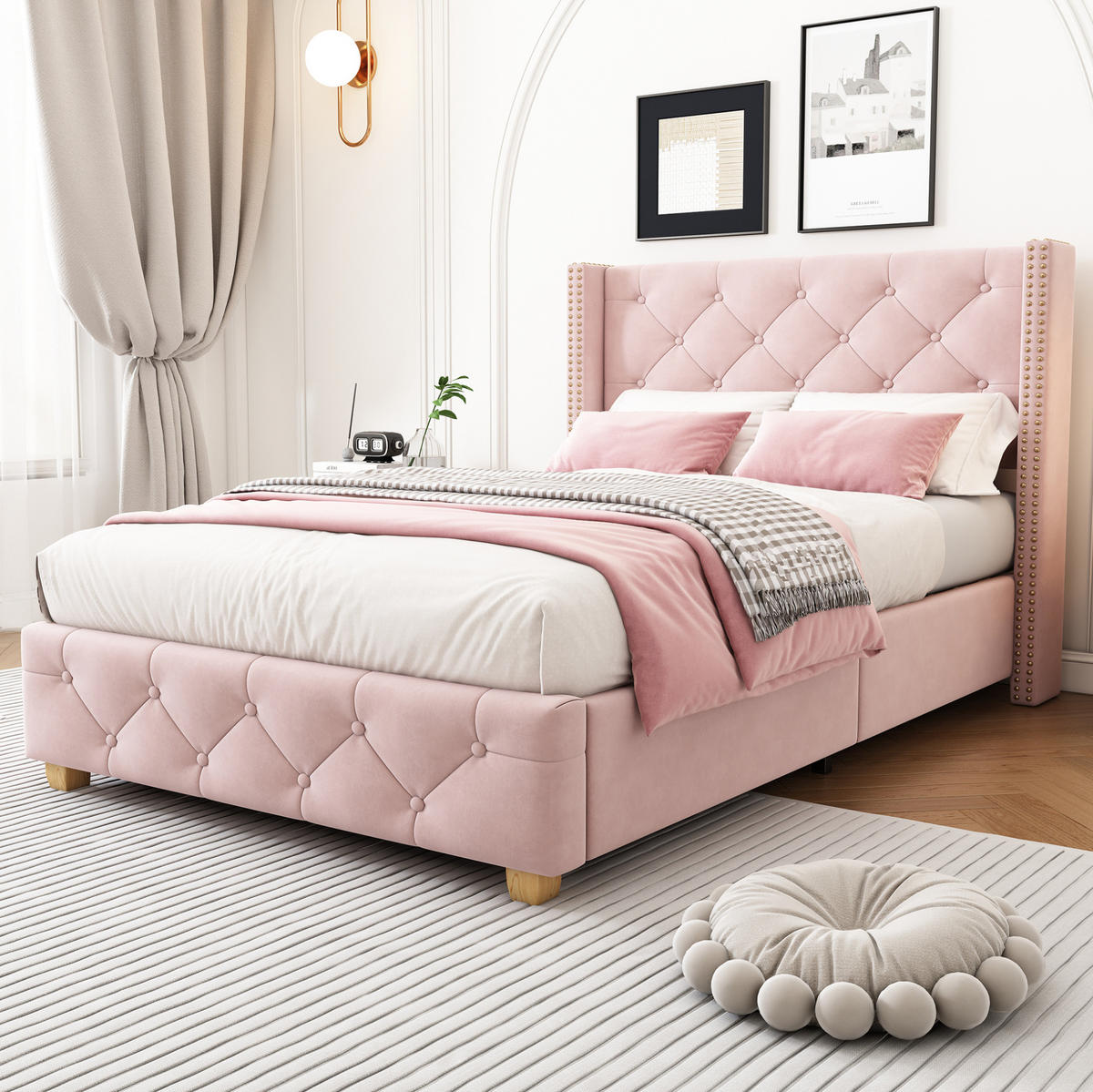 ČALOUNĚNÁ postel 90/200 cm růžová ze sametu s roštem a tuftovaným čelem - růžová, textil (90/200cm) - OKWISH