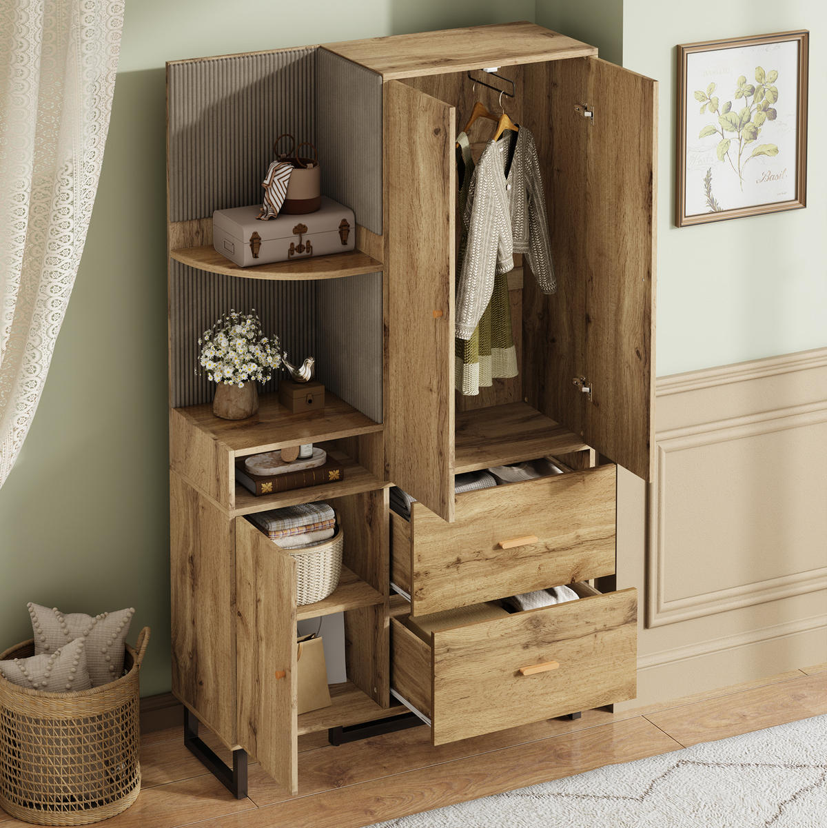 STANDGARDEROBE 110/38/186 cm in Natur/Schwarz mit Kleiderstange und Schubladen - Naturfarben, Holzwerkstoff (110/186/38cm) - BEAOK
