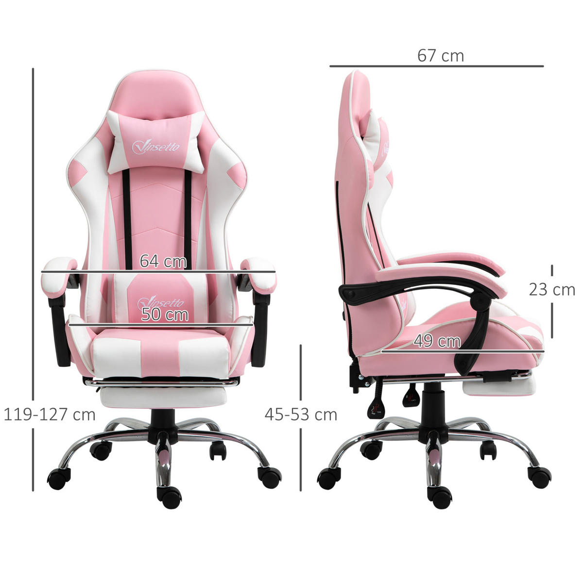 GAMING stol 67/64/119-127 cm, nastavljiv po višini z oporo za glavo in noge, penasto oblazinjenje, Roza - pink, umetna masa (67/127/64cm) - Redom