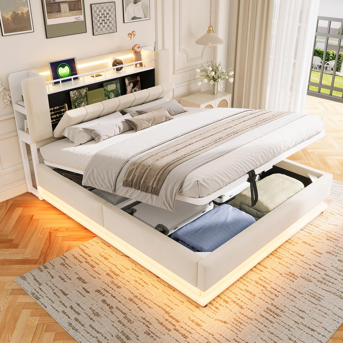 POLSTERBETT 160/200 cm Beige mit LED-Beleuchtung, USB und Stauraum - Beige, Textil (160/200cm) - Flora Grace