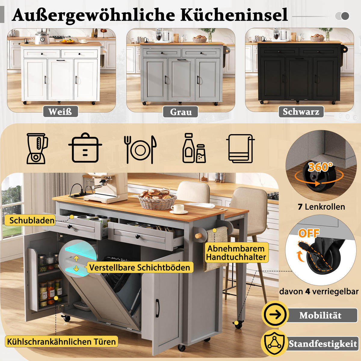 KÜCHENINSEL 120×40–75×92 cm aus MDF mit ausziehbarer Arbeitsplatte & integrierter Ladestation, grau - Grau, Holzwerkstoff (75/92/120cm) - Luhomfu