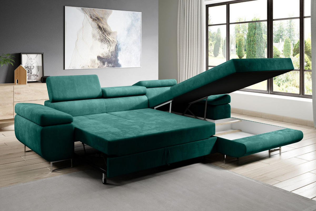ECKSOFA ALONZO L Rechts mit Schlaffunktion 125x195 Velours Grün - Silberfarben/Grün, Holz/Textil (203/275cm) - Muffo
