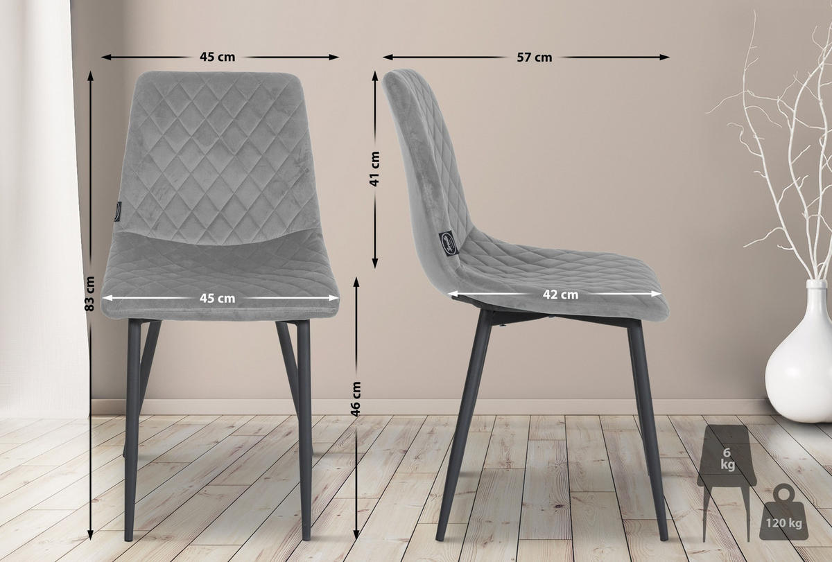 STUHL 4er Set Samt grau - Schwarz/Grau, Textil/Metall (45/83/57cm) - CLP