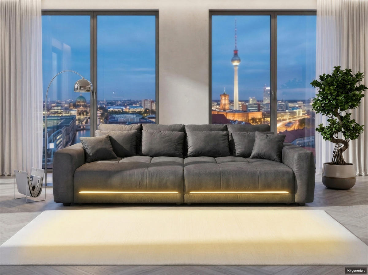 BIG-SOFA Federkern B294/T136/H86 cm, RGB-LED-Beleuchtung mit Fernbedienung, Mikrofaserstoff in Anthrazit / 15415 - Anthrazit/Schwarz, Kunststoff/Textil (294/86/136cm) - luma-home