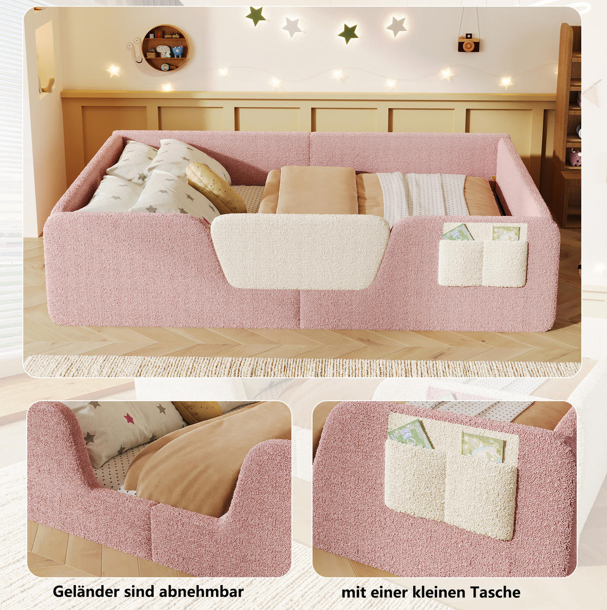 POLSTERBETT aus Samt 140x190 cm Rosa mit abnehmbaren Seitengittern und Stofftasche - Rosa, Textil (140/190cm) - Modfu