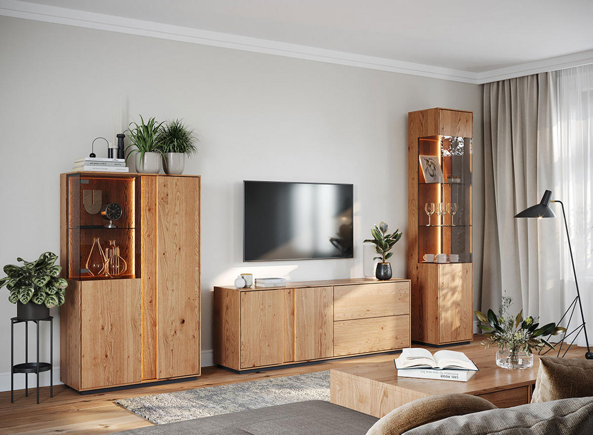 WOHNZIMMER-SET Collodi Wildeiche Natur - Sideboard 165cm - Türanschlag rechts - Wildeiche/Eichefarben, Holz (293/205/43.5cm) - Feldmann-Wohnen