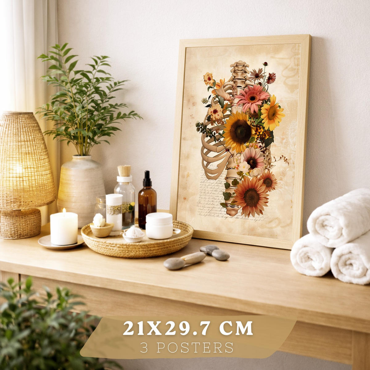 POSTER Set aus 3 Anatomie Mensch Vintage Florale Drucke und Wandbilder mit Lungen Brustkorb und Gehirn Botanischer Antiker Stil Größe Rahmenlos A4 - Klar, Papier (21/29.7/3cm) - Nacnic