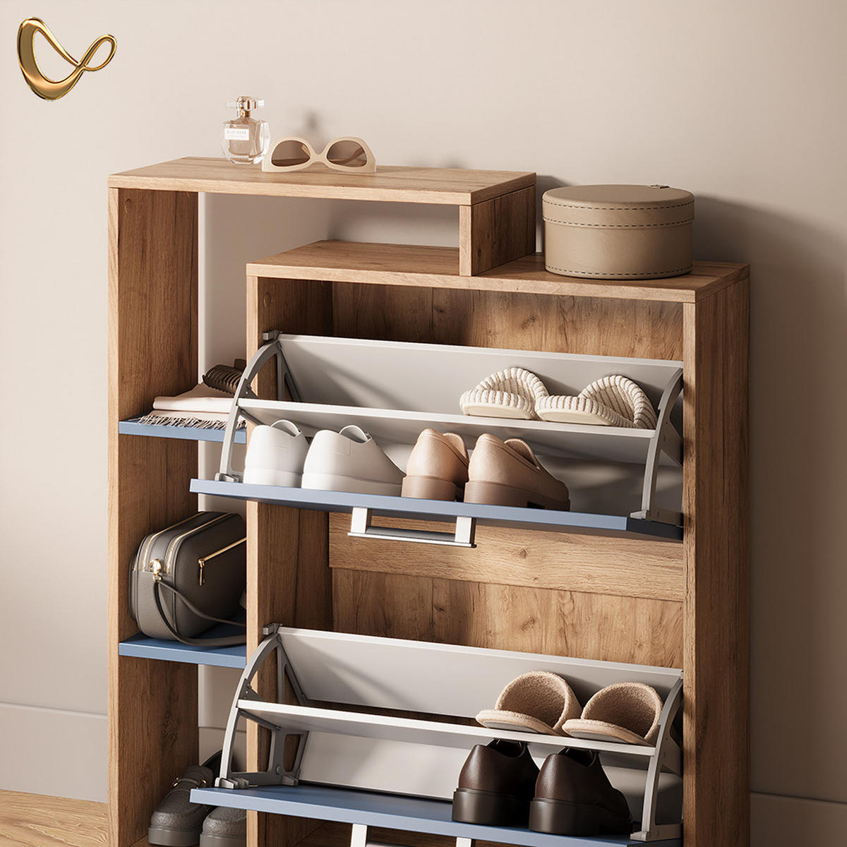 SCHUHKIPPER Ortello Goldkraft Eiche/Blau 80 x 90 cm - Eichefarben/Dunkelblau, Holzwerkstoff (80/90/24.2cm) - Livinity®