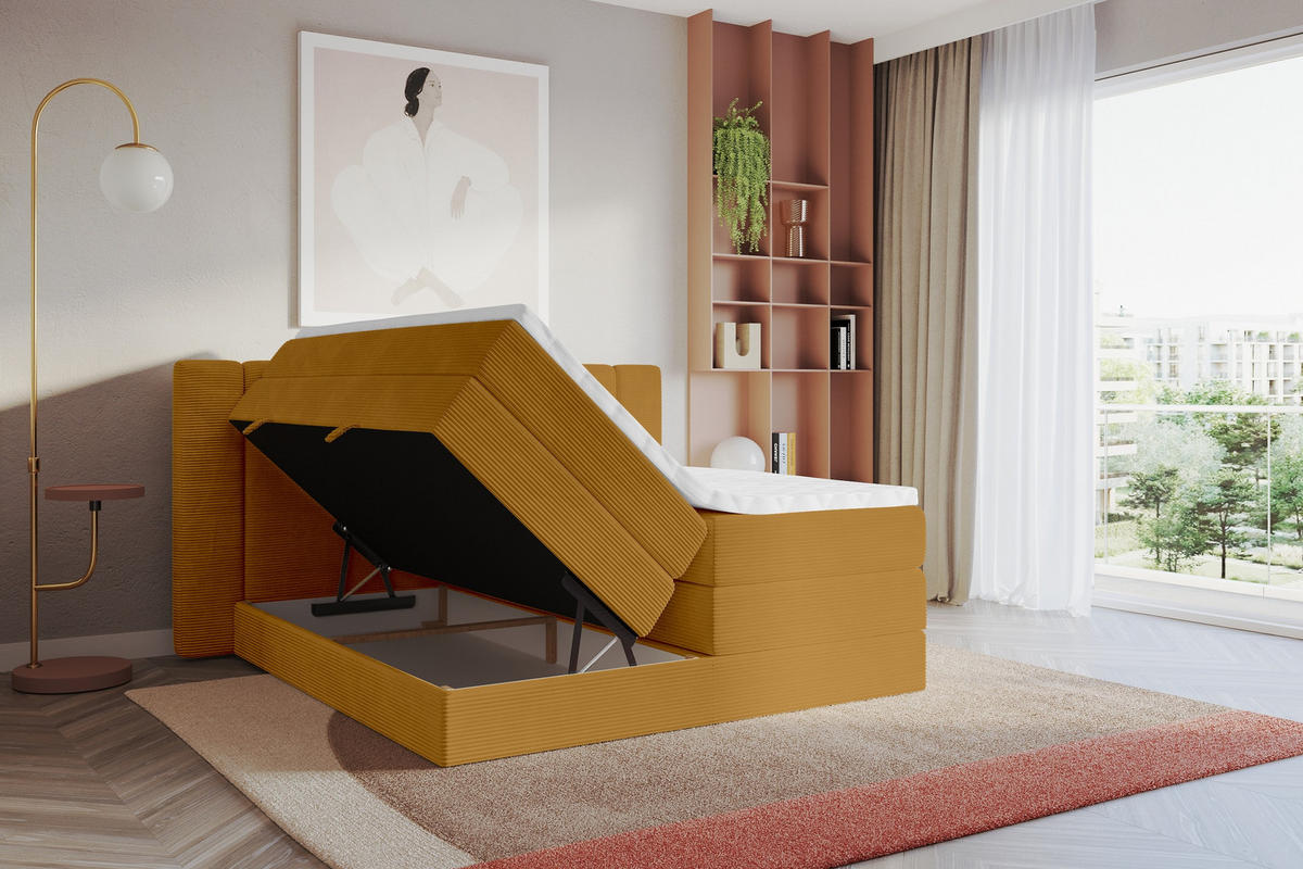 BOXSPRINGBETT mit Matratze H3/H4 - EVON KING - 140x200 cm Senfgelb - Dunkelgelb, Holzwerkstoff (140/200cm) - ALTDECOR