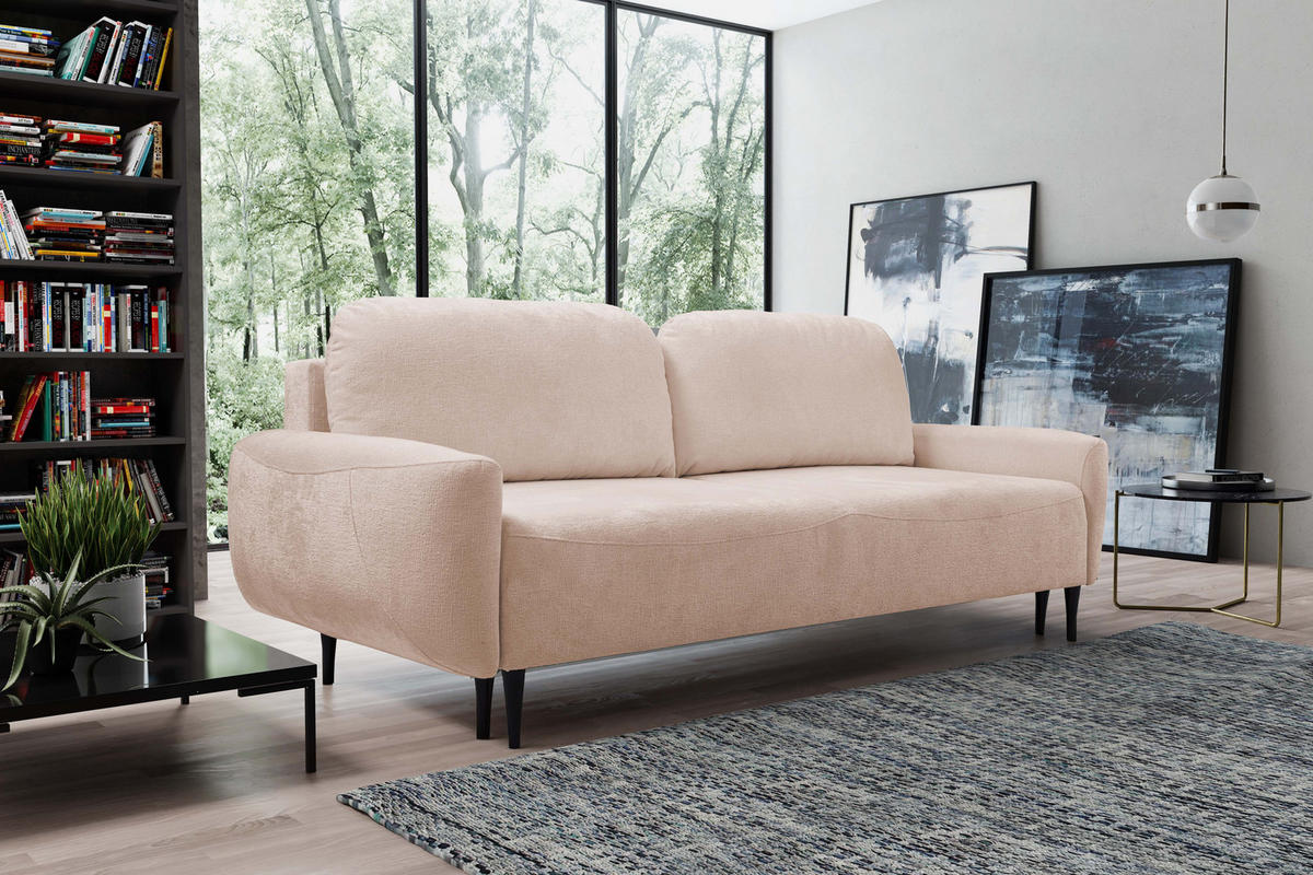 SOFA BOHO Mit Schlaffunktion Und Bettkasten, Wellenfederung, PUR-Schaum, Holzfüße, lose Rückenkissen, freistehend, 244x102x92 cm Rose - Rosa, Holz/Textil (244/92/102cm) - DomoHome