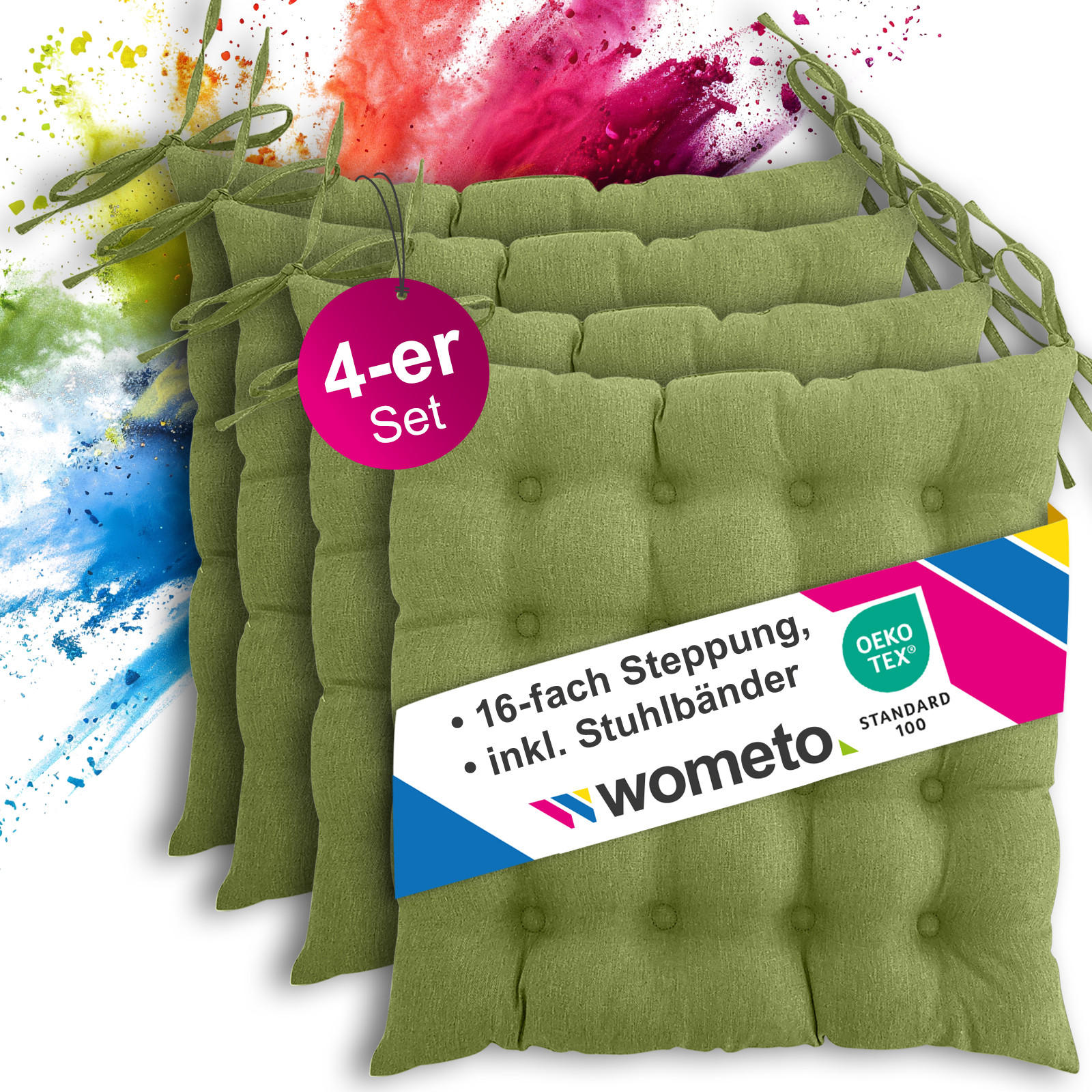 SITZKISSEN 4er Set 16-Punkt grün 40/40 cm mit Steppung und Halte-Bändern - Grün, Textil (40/40/4cm) - wometo