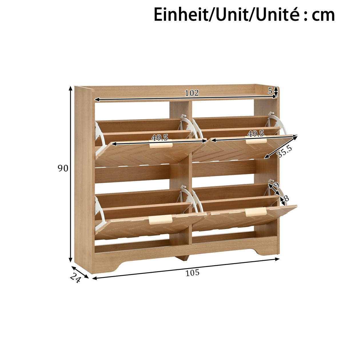 SCHUHSCHRANK aus MDF 105x24x90cm in Natur mit 4 Klappfächern - Naturfarben, Holzwerkstoff (105/90/24cm) - Modfu