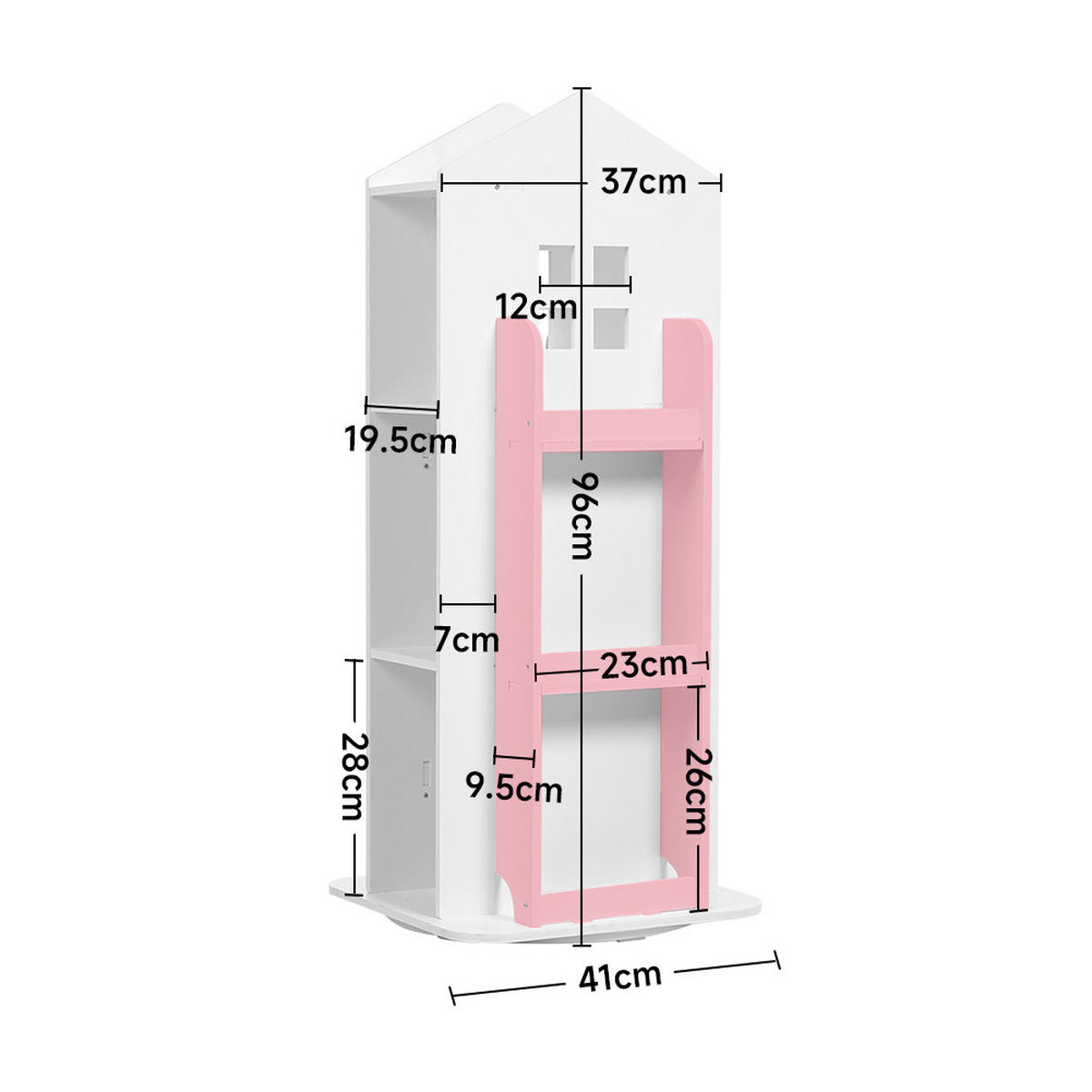 KINDERBÜCHERREGAL aus WPC-Platte in Weiß Rosa Drehbar Hausform Praktisch Sicher für Kinder 41 x 41 x 95 cm - Weiß/Rosa, Holzwerkstoff (41/96/41cm) - Livingandhome