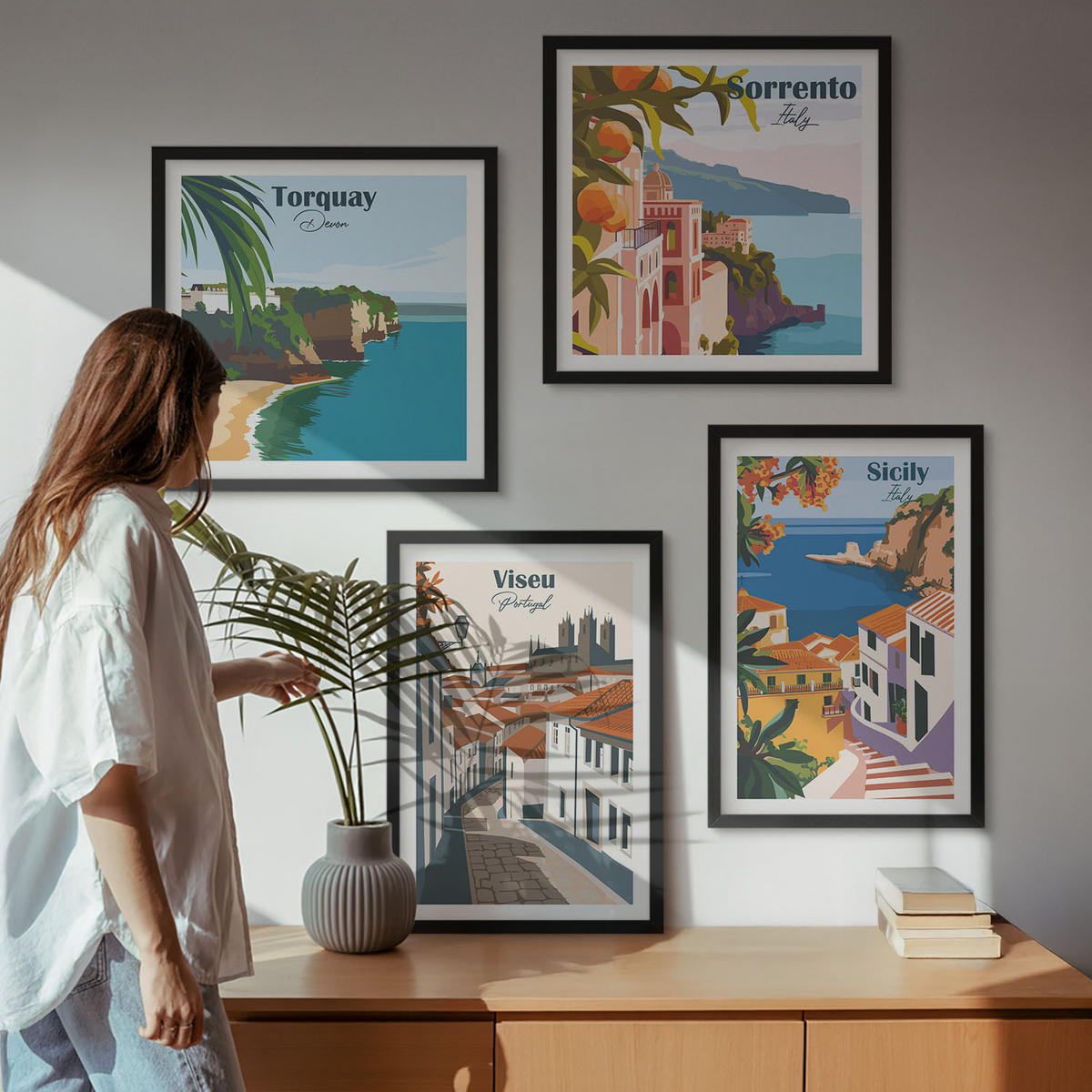 WANDBILDER 4er-Set - 50x50 cm & 40x60 cm Schwarzer Rahmen - Retro-Illustrationen von Weltstädten - Schwarz, Kunststoff (50/50cm) - ArtPrintCave
