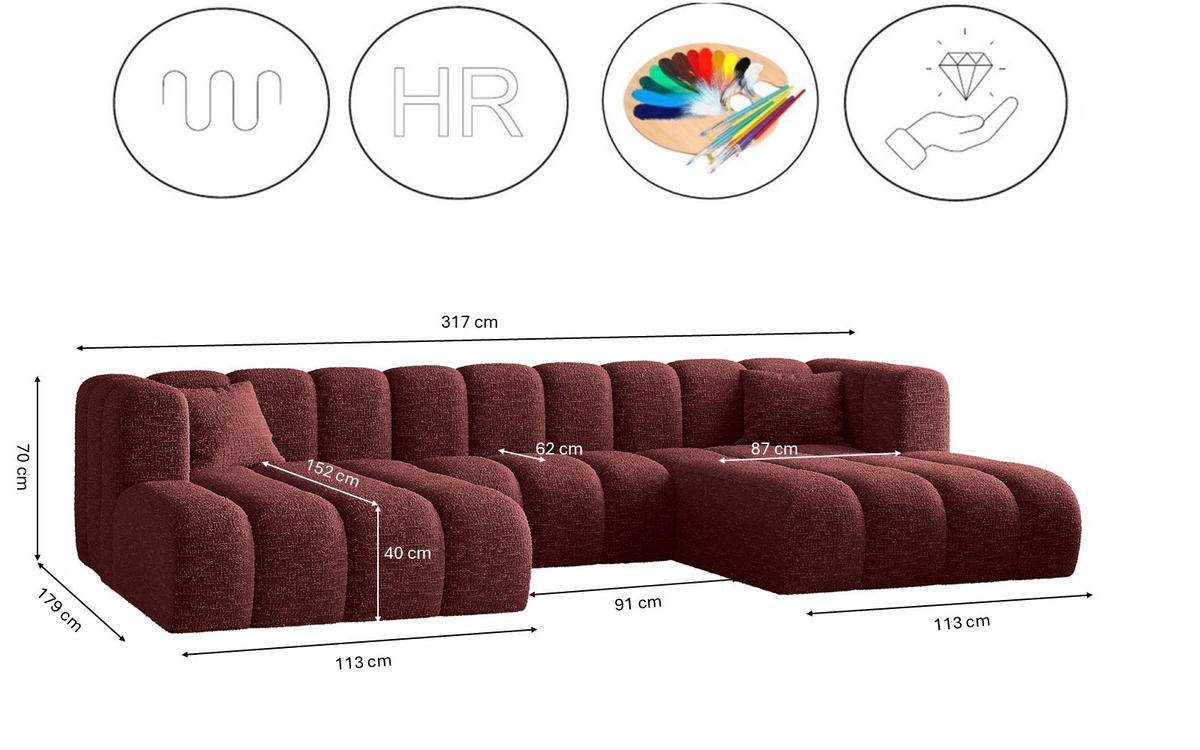 ECKSOFA U-form Grand modular stoff Haga Rotwein - Rot, Holz (317/179cm) - Kaiser Möbel