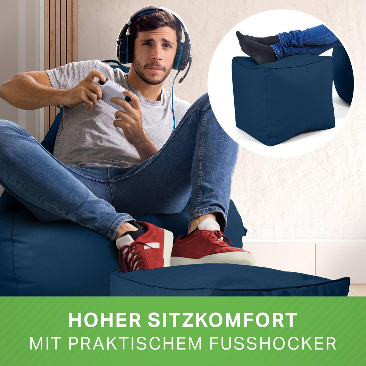 SITZSACK + Hocker "Cozy+Cube" 2er Set - Dunkelblau, Textil (70/90/80cm) - Green Bean