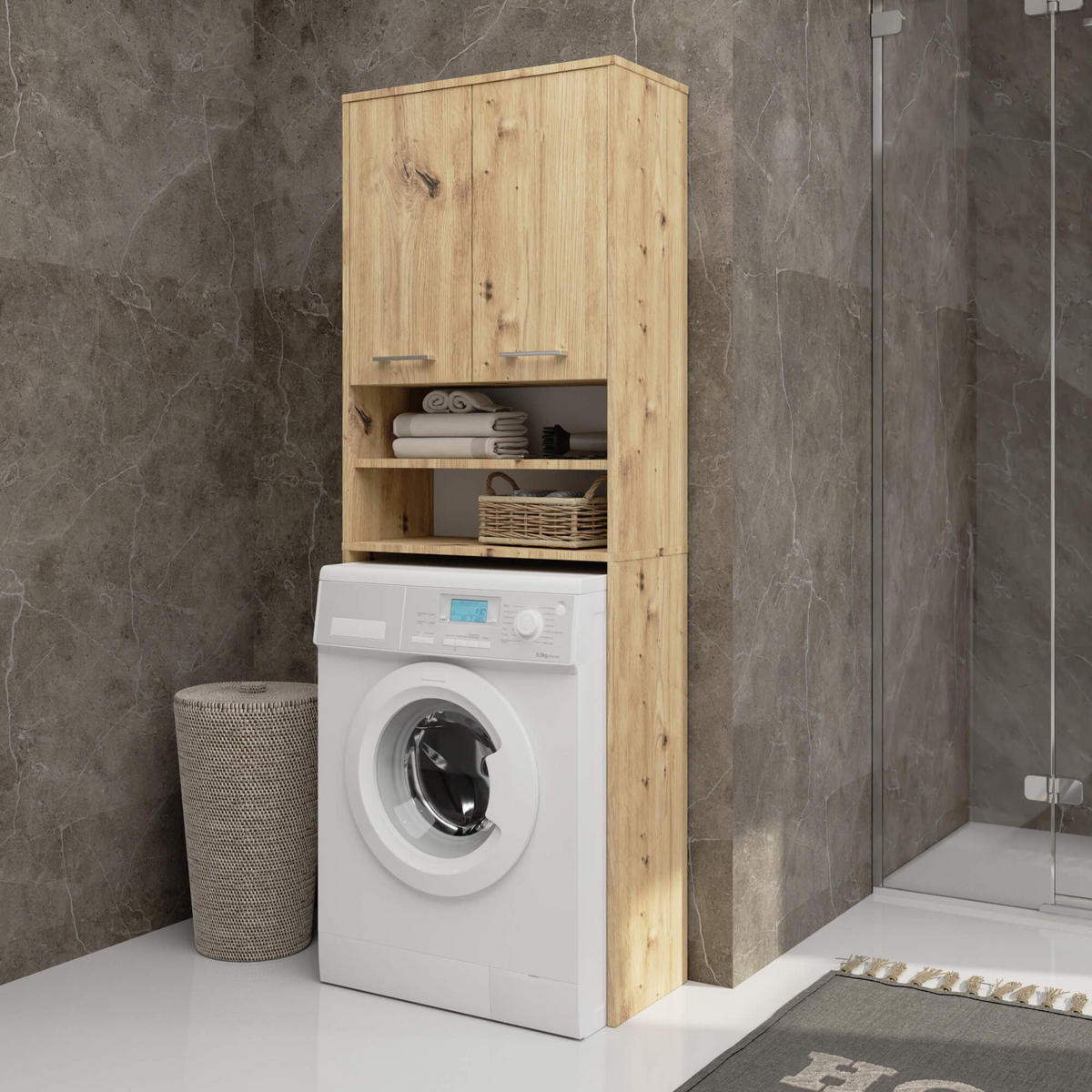 WASCHMASCHINENUMBAUSCHRANK mit zwei Türen, 64 × 30 × 180 cm Aristan Eiche 64\180\30 cm - Silberfarben/Eiche Artisan, Holzwerkstoff/Metall (64/180/30cm) - RAUMHIRSCH FURNITURE
