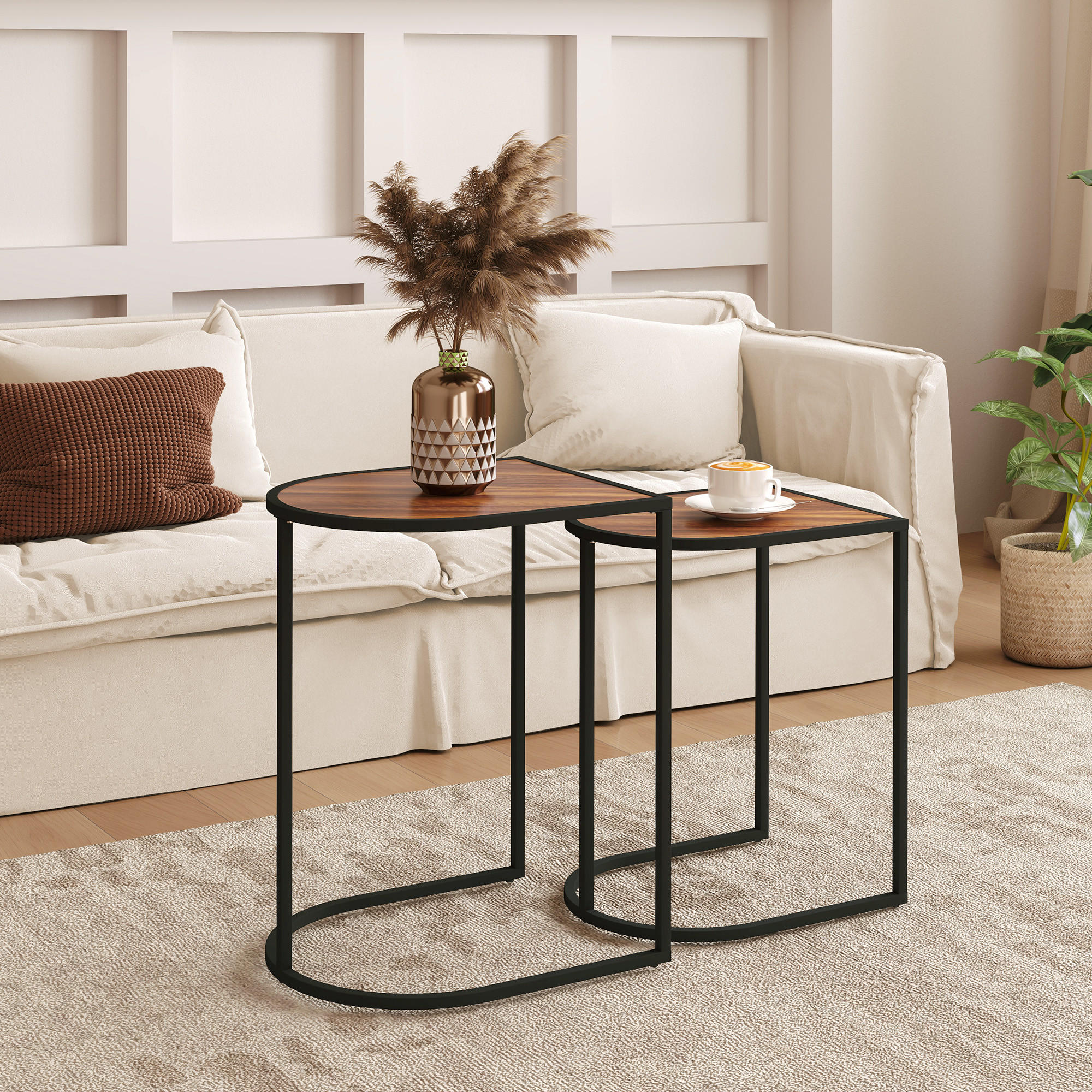 COUCHTISCH 2er-Set, Stahlgestell, Braun+Schwarz - Braun, Holzwerkstoff (38/45/58cm) - HOMCOM