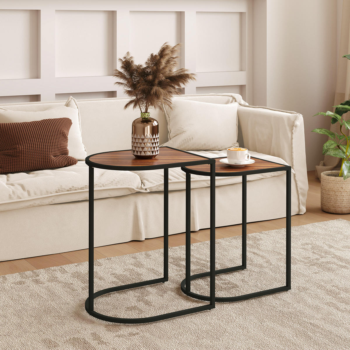 COUCHTISCH 2er-Set, Stahlgestell, Braun+Schwarz - Braun, Holzwerkstoff (38/45/58cm) - HOMCOM
