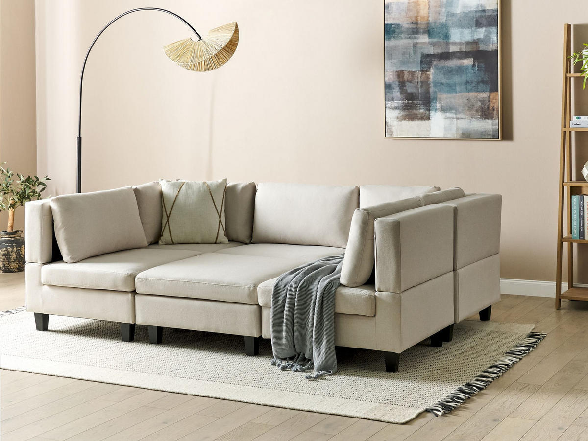 MODULÁRNÍ POHOVKA 5-místná Tvar U Světle béžová Látka s otomanem Unstad - černá/béžová, textil (228/72/76cm) - Beliani