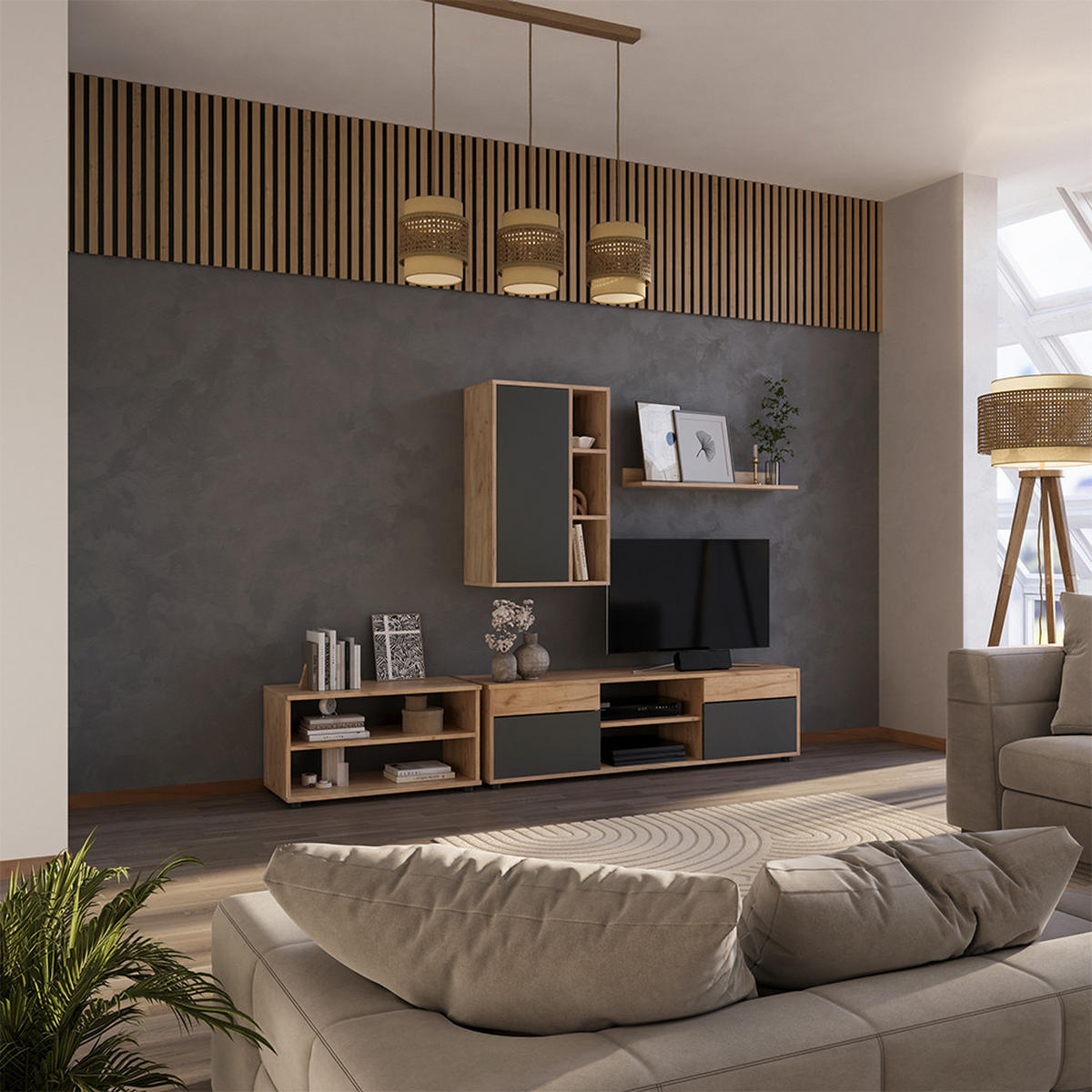 ŽIVÁ STĚNA Berno Zlatý dub power/antracit - medově dubová/antracitová, kompozitní dřevo (139.8/38.9/35.4cm) - Vicco