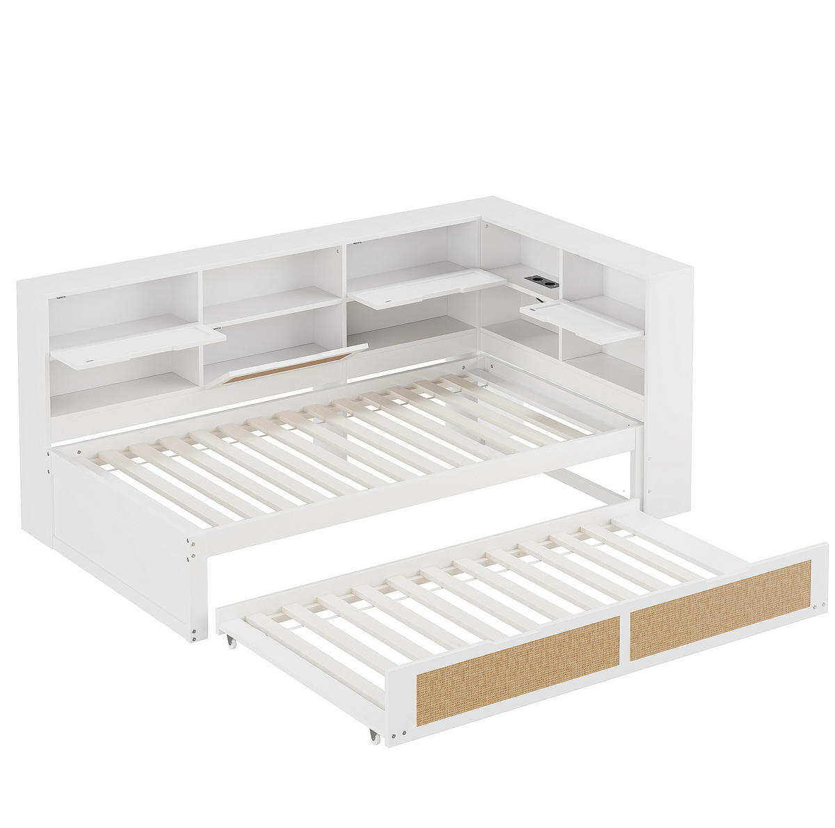 HOLZBETT 90/200 cm in Weiß mit Ausziehbett, Stauraum und USB-Anschluss - Weiß, Holz (90/200cm) - BEAOK