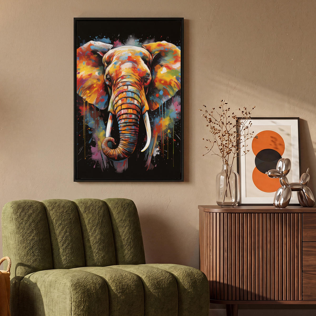 LEINWAND Bilder mit Rahmen - Elefant - Graffiti - Schwarz - Tiere - Farben - 60x90 - Schwarz, Textil (60/90cm) - MuchoWow