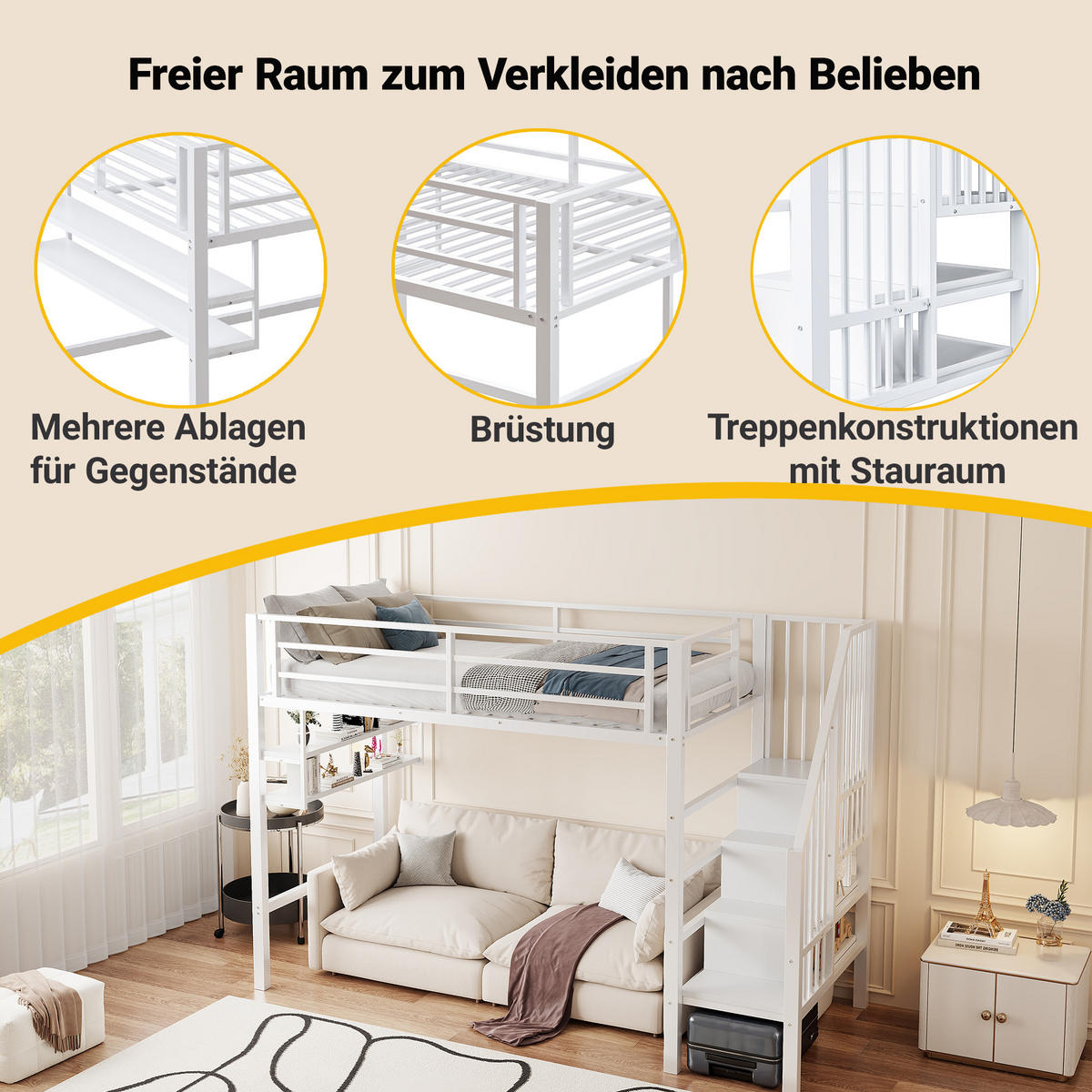 HOCHBETT 90/200 cm in Weiß mit Regal, Stauraumleiter und Geländer - Weiß, Holz/Metall (90/200cm) - STILVORA