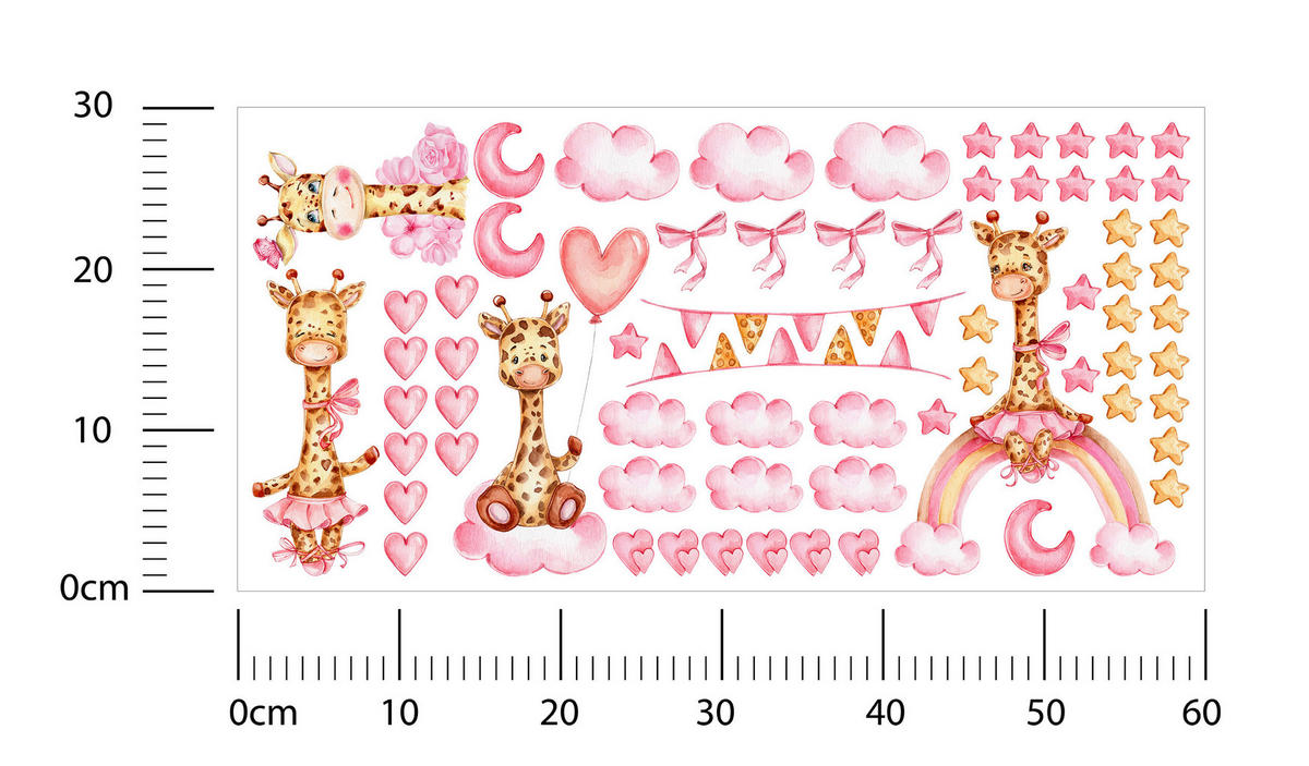 STICKER SET für Kinder Giraffen rosa Wolken Monde Sterne 60x30 - Gelb/Beige, Papier (60/30/1cm) - Muralo