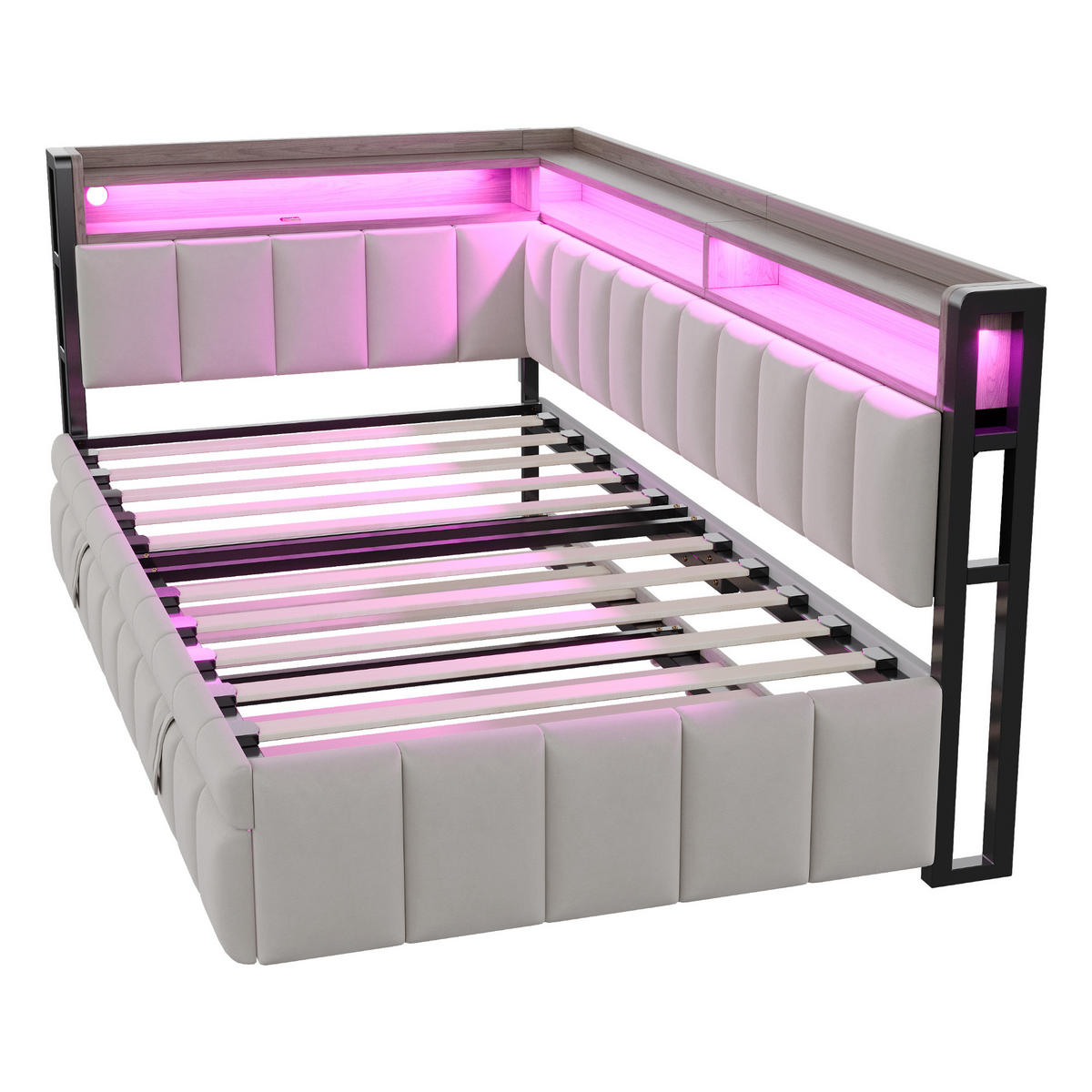 SCHLAFSOFA 90/200 cm & 90/190 cm in Hellgrau Samt mit LED, USB und Ablage - Hellgrau, Holzwerkstoff/Textil (90/200cm) - WISHDOR