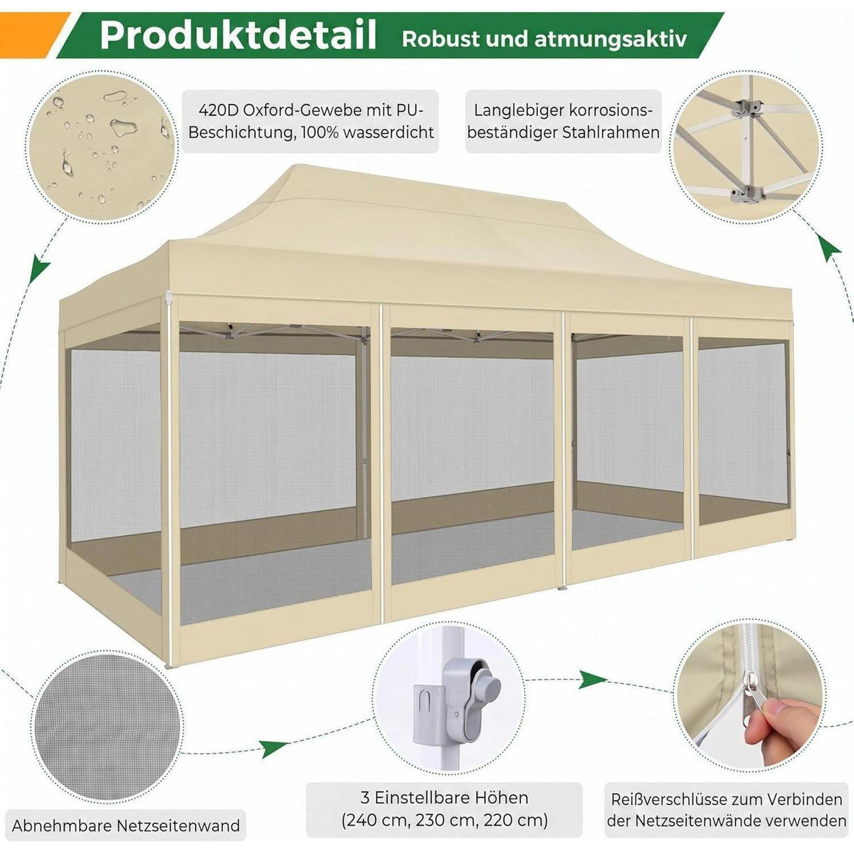 FALTPAVILLON 3x6m Wasserdicht Stabil mit 6 Seitenwänden Khaki - Olivgrün, Textil (300/335/600cm)
